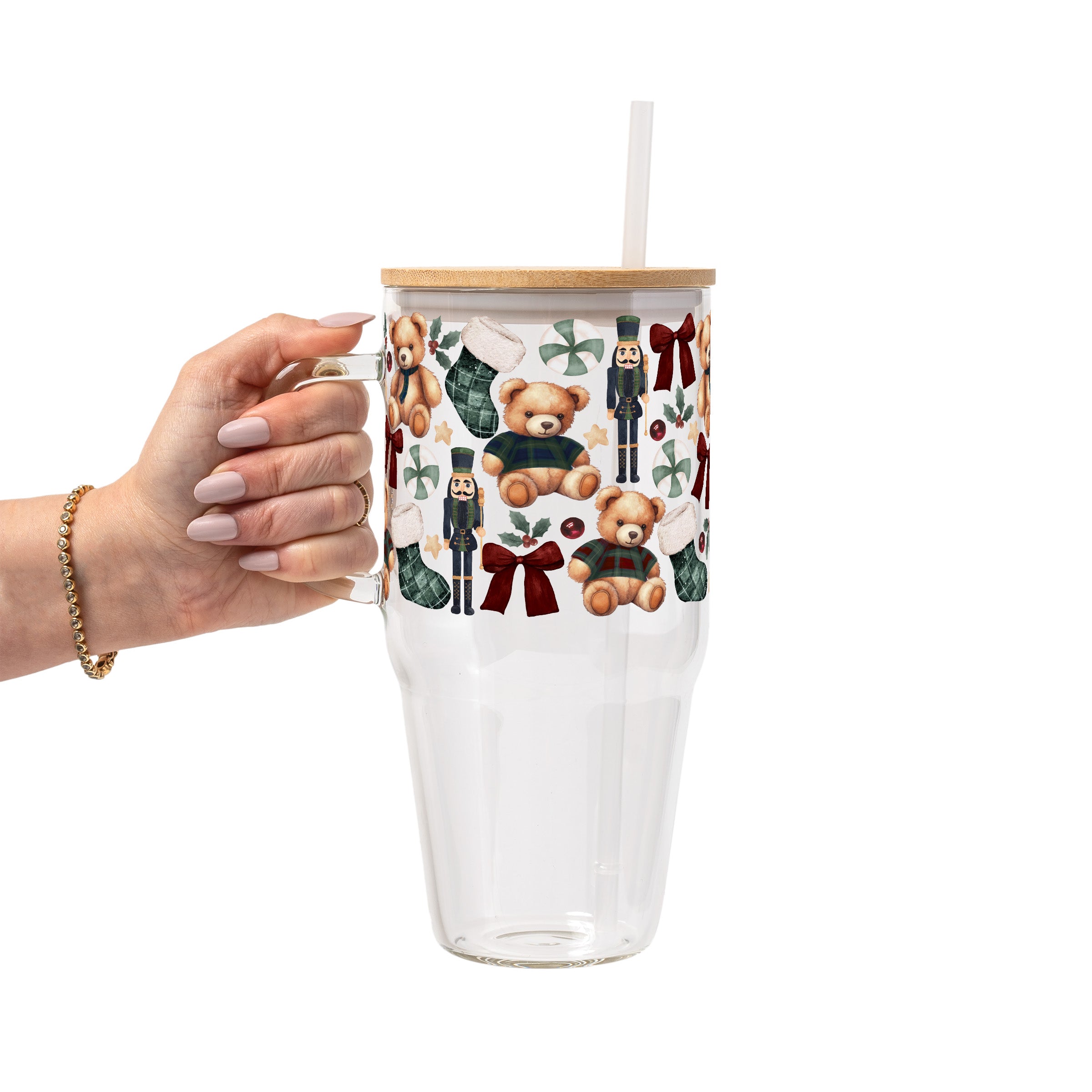Plaid Teddy Christmas Glass Cup, Mug & Tumbler with Lid and Straw