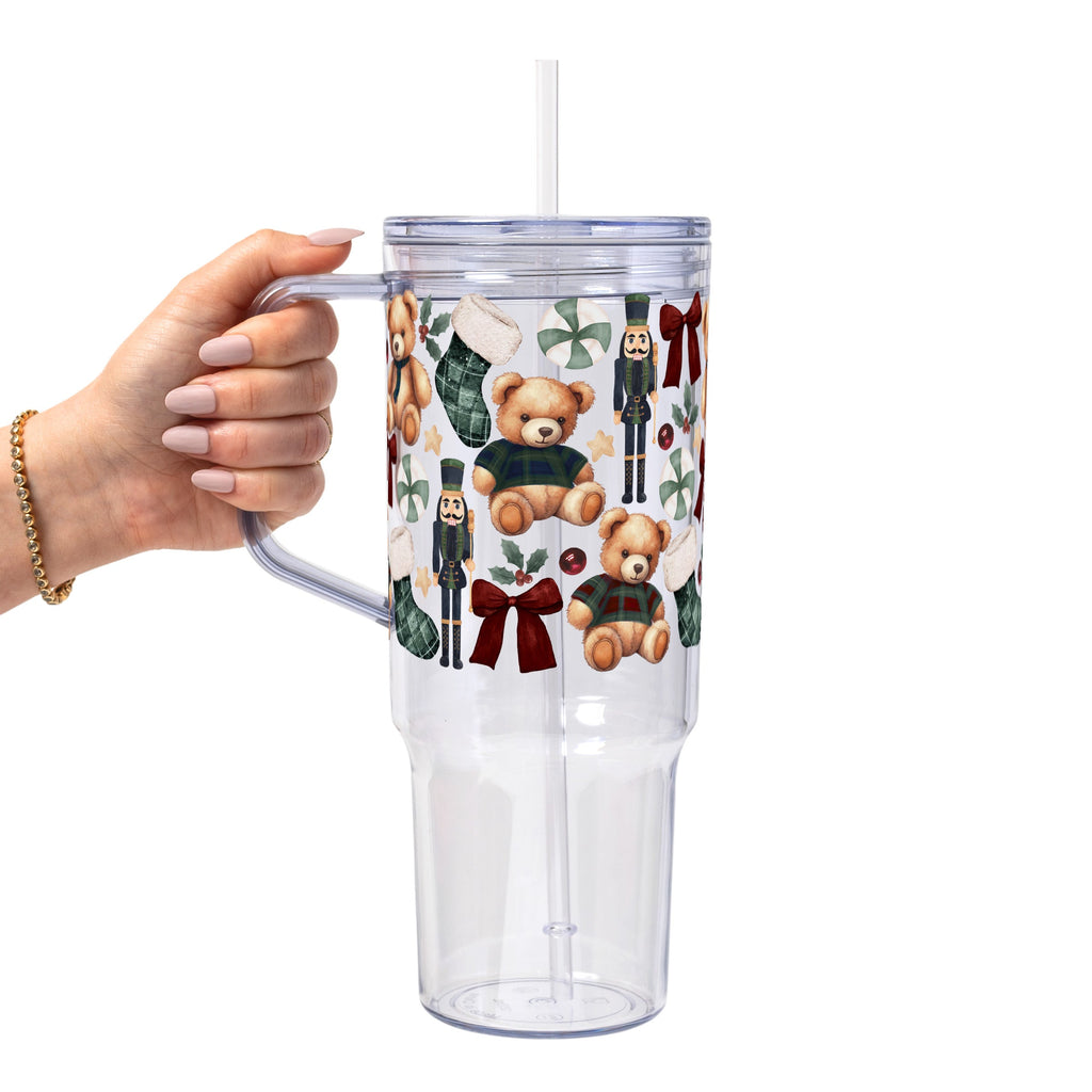 Plaid Teddy Christmas Glass Cup, Mug & Tumbler with Lid and Straw