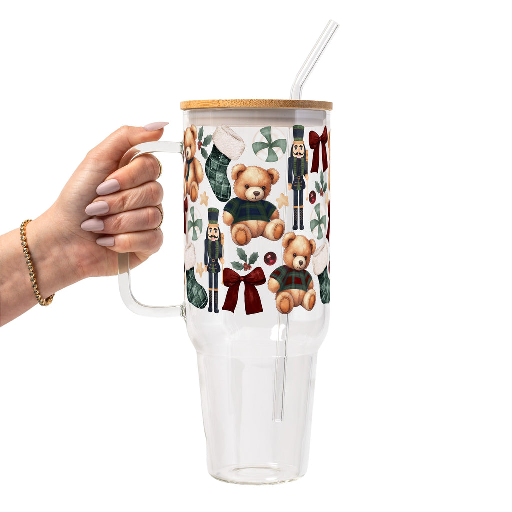 Plaid Teddy Christmas Glass Cup, Mug & Tumbler with Lid and Straw