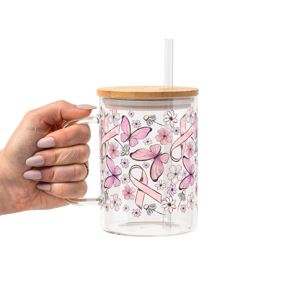 Breast Cancer Awareness Pink Ribbon Glass Cup, Mug & Tumbler with Lid and Straw
