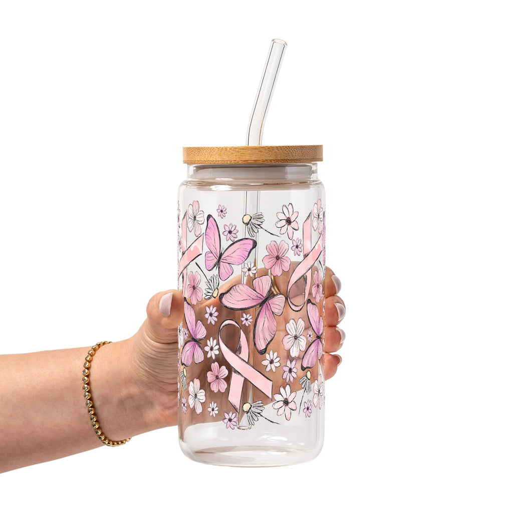 Breast Cancer Awareness Pink Ribbon Glass Cup, Mug & Tumbler with Lid and Straw