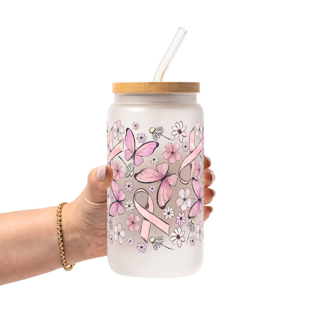 Breast Cancer Awareness Pink Ribbon Glass Cup, Mug & Tumbler with Lid and Straw