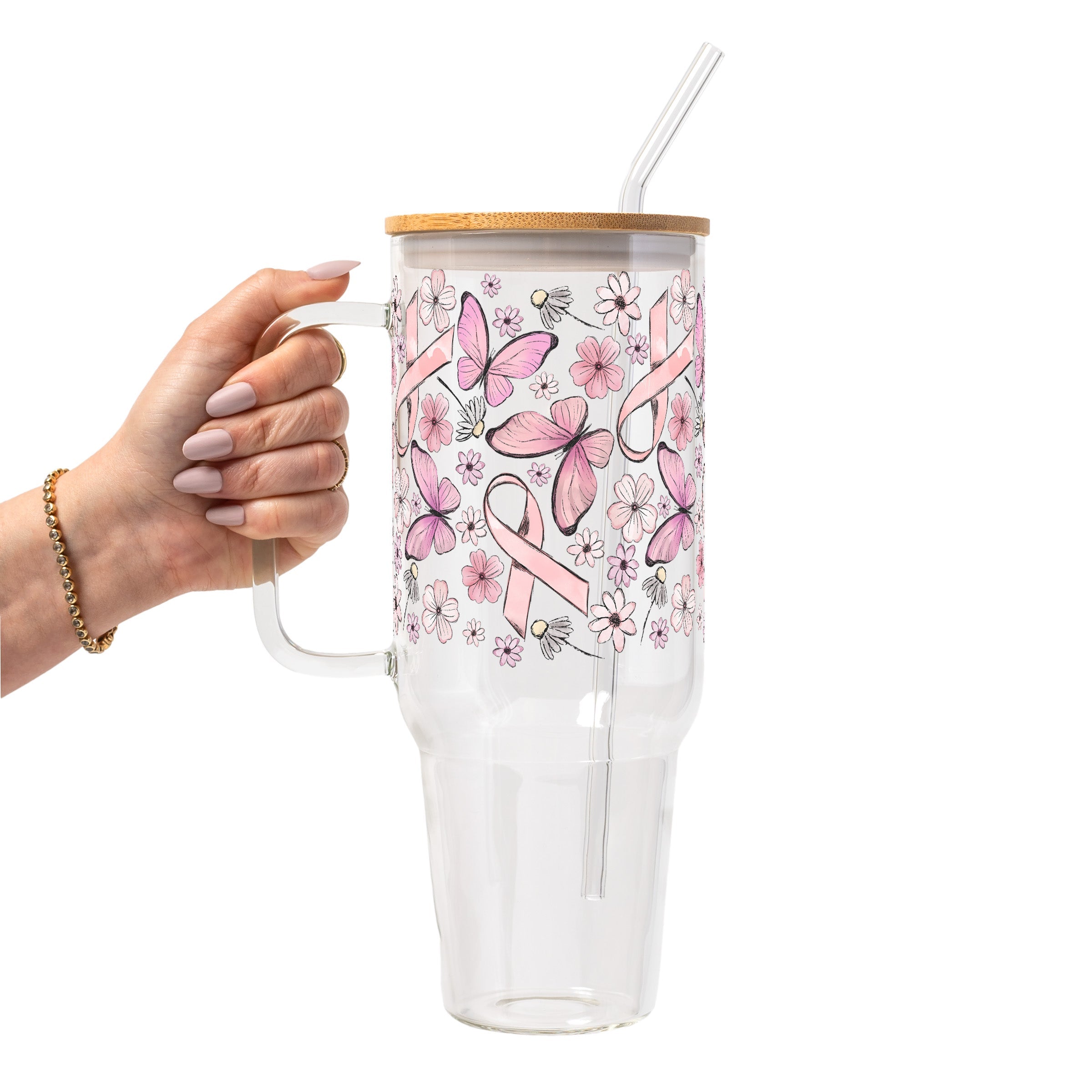 Breast Cancer Awareness Pink Ribbon Glass Cup, Mug & Tumbler with Lid and Straw