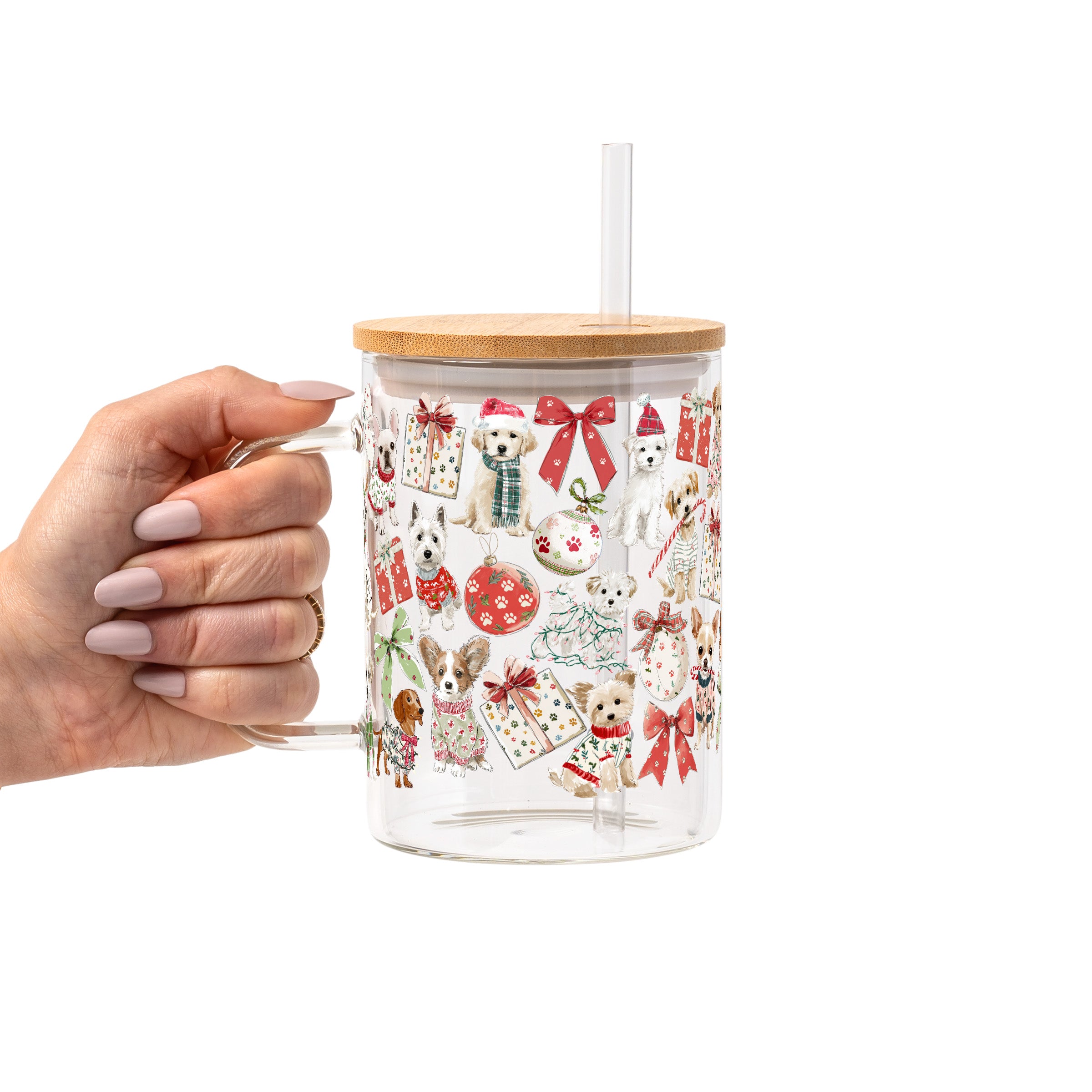 Holiday Pups Glass Cup, Mug & Tumbler with Lid and Straw