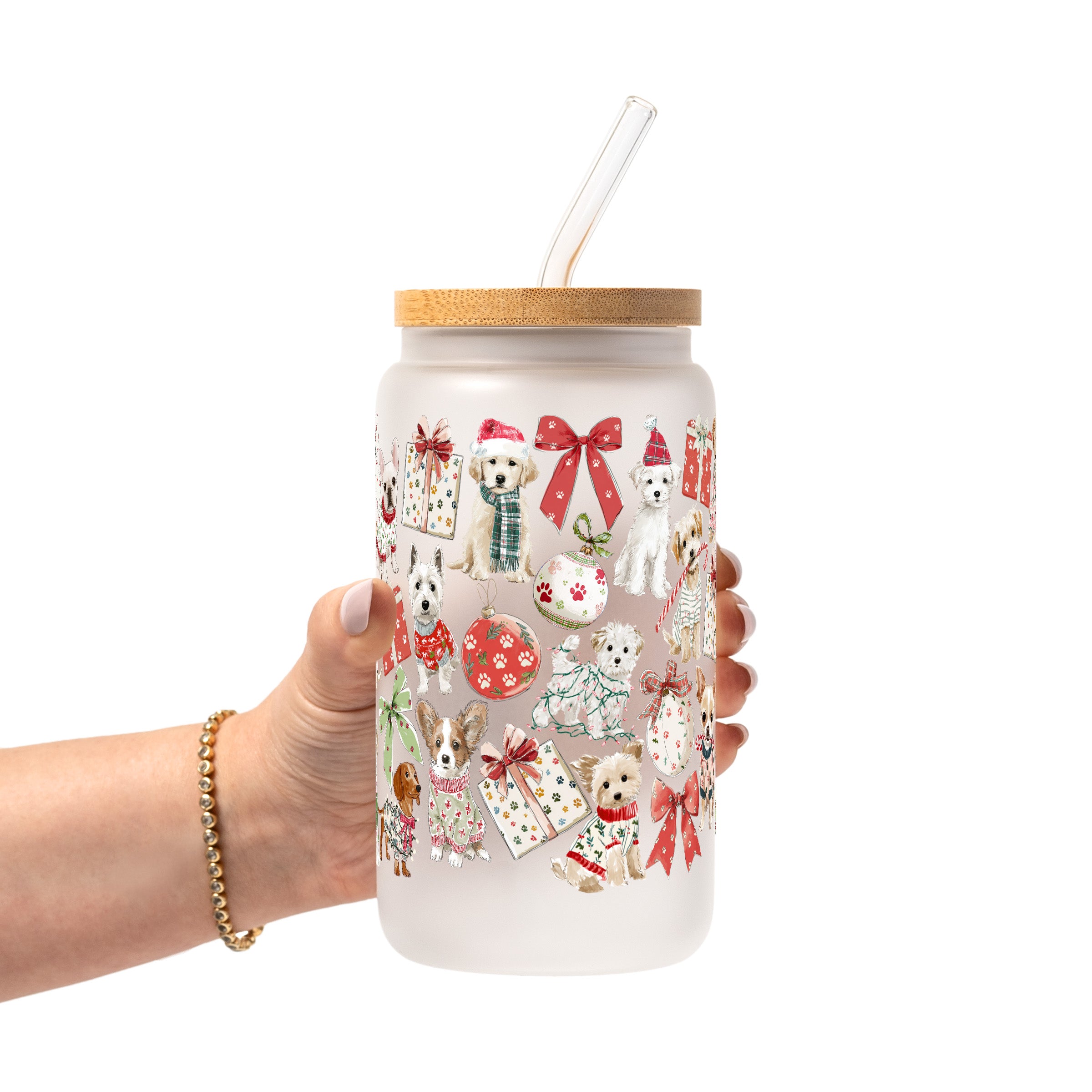 Holiday Pups Glass Cup, Mug & Tumbler with Lid and Straw