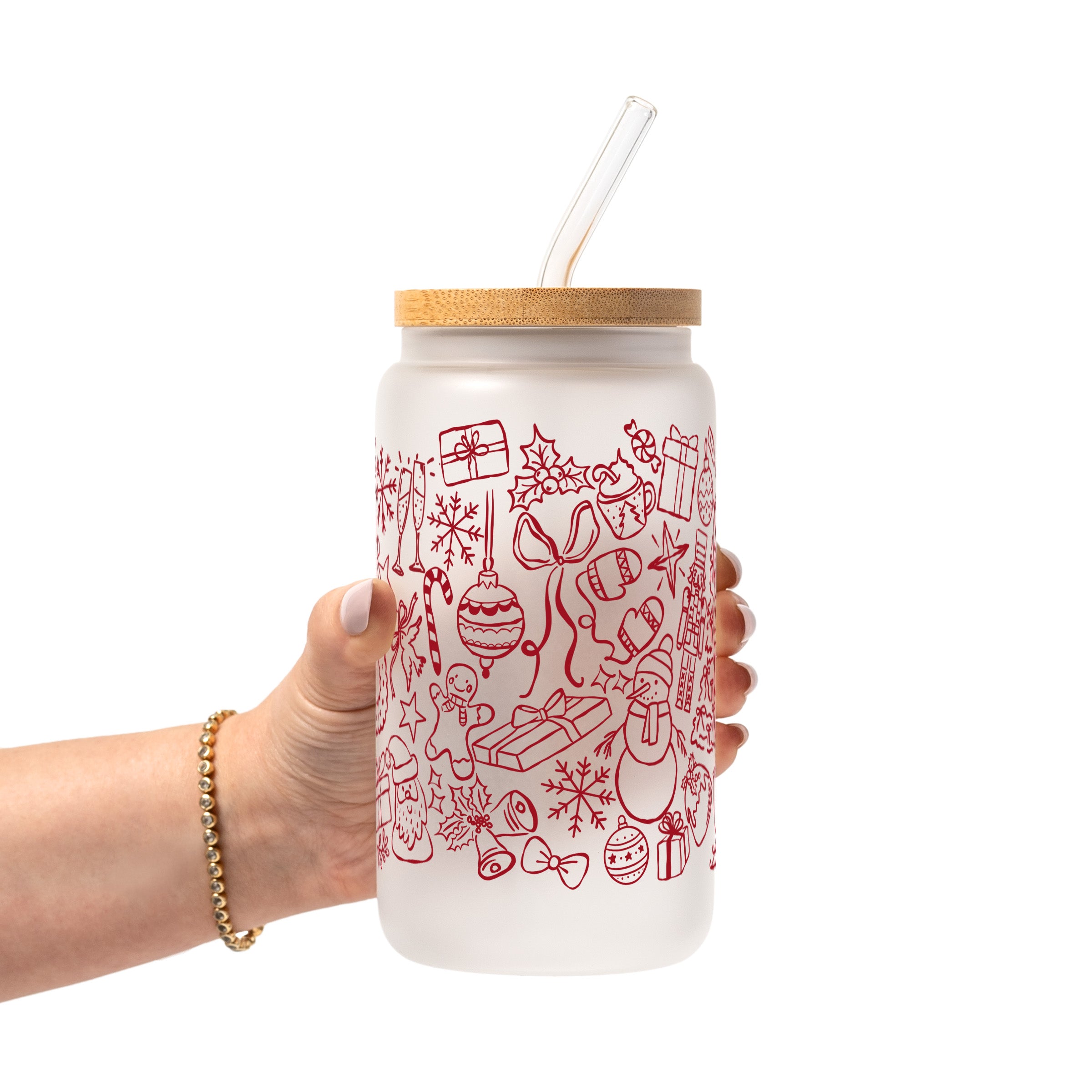 Christmas Doodles Glass Cup, Mug & Tumbler with Lid and Straw