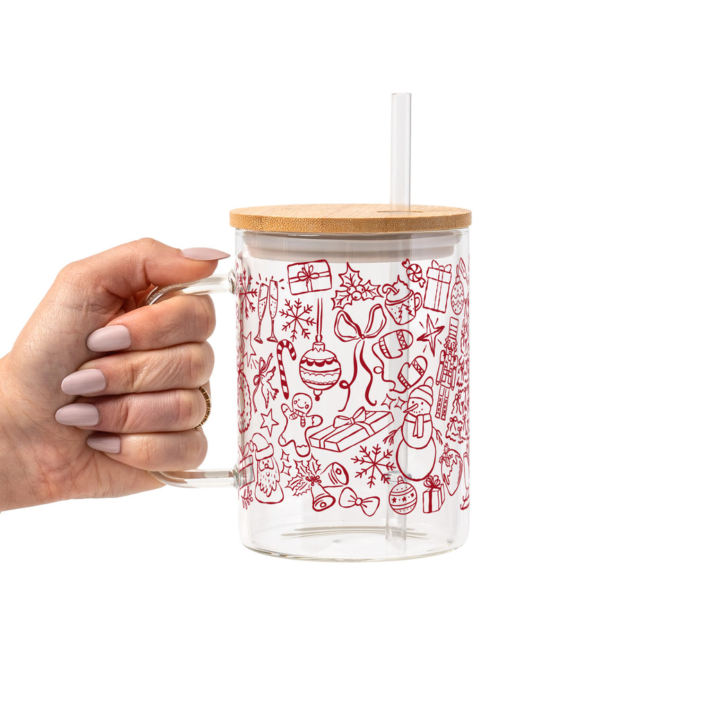 Christmas Doodles Glass Cup, Mug & Tumbler with Lid and Straw