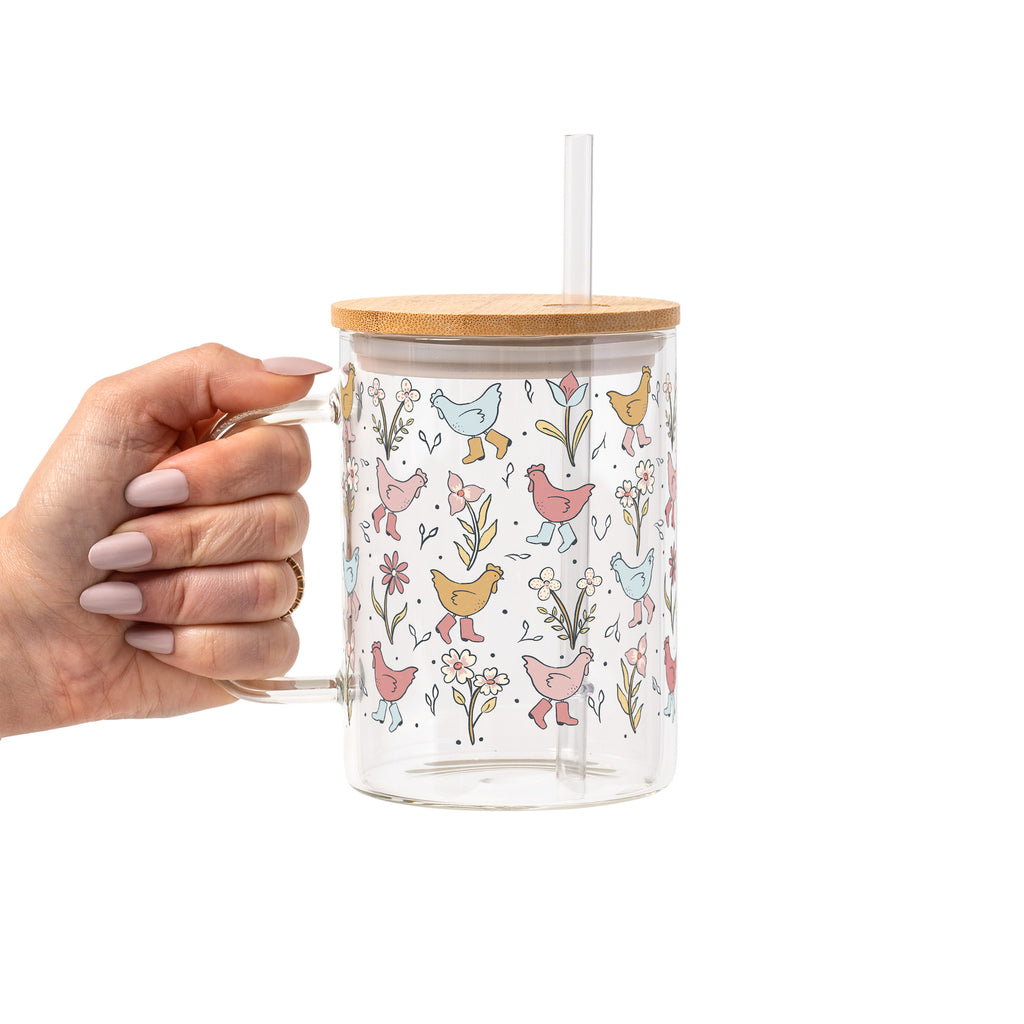 Funky Chickens Glass Cup, Mug & Tumbler with Lid and Straw