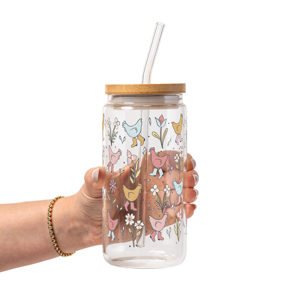 Funky Chickens Glass Cup, Mug & Tumbler with Lid and Straw