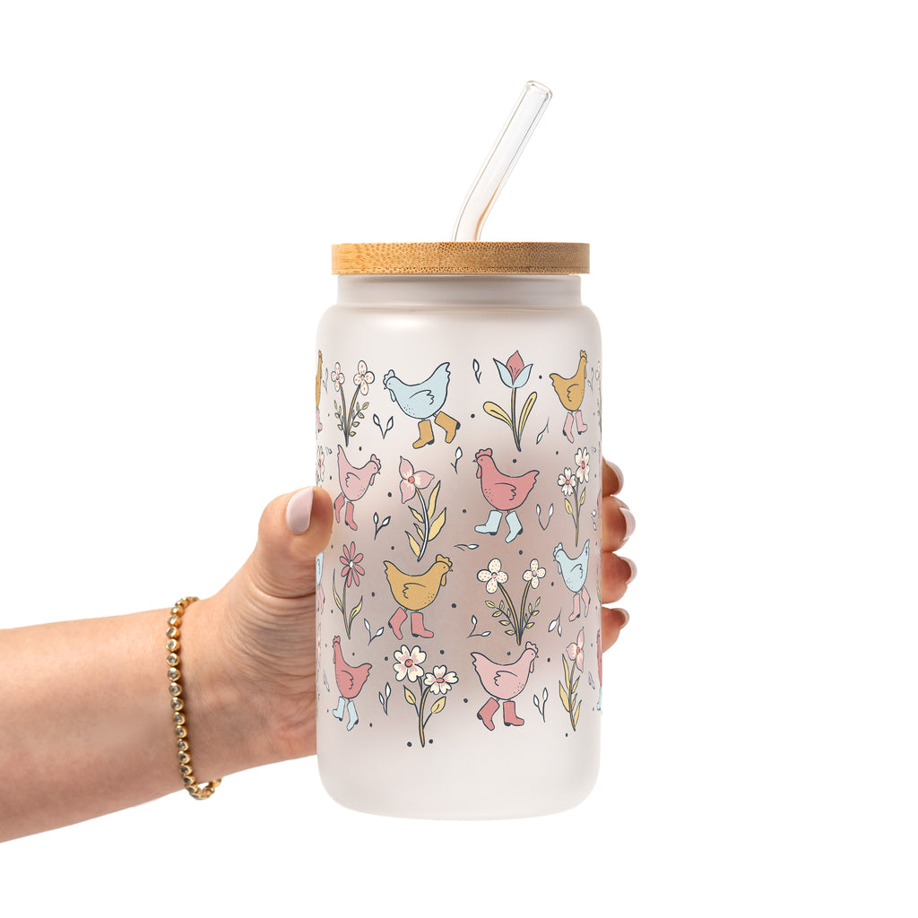 Funky Chickens Glass Cup, Mug & Tumbler with Lid and Straw