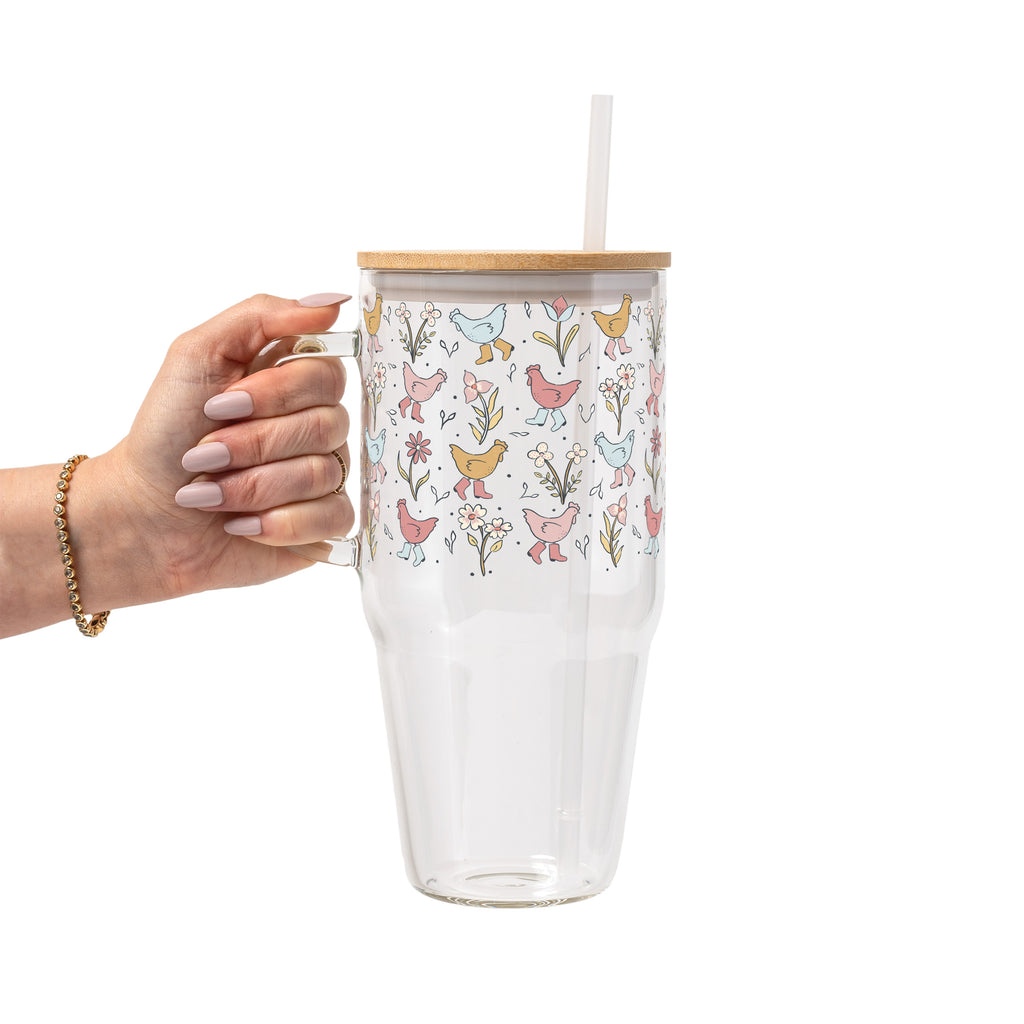 Funky Chickens Glass Cup, Mug & Tumbler with Lid and Straw