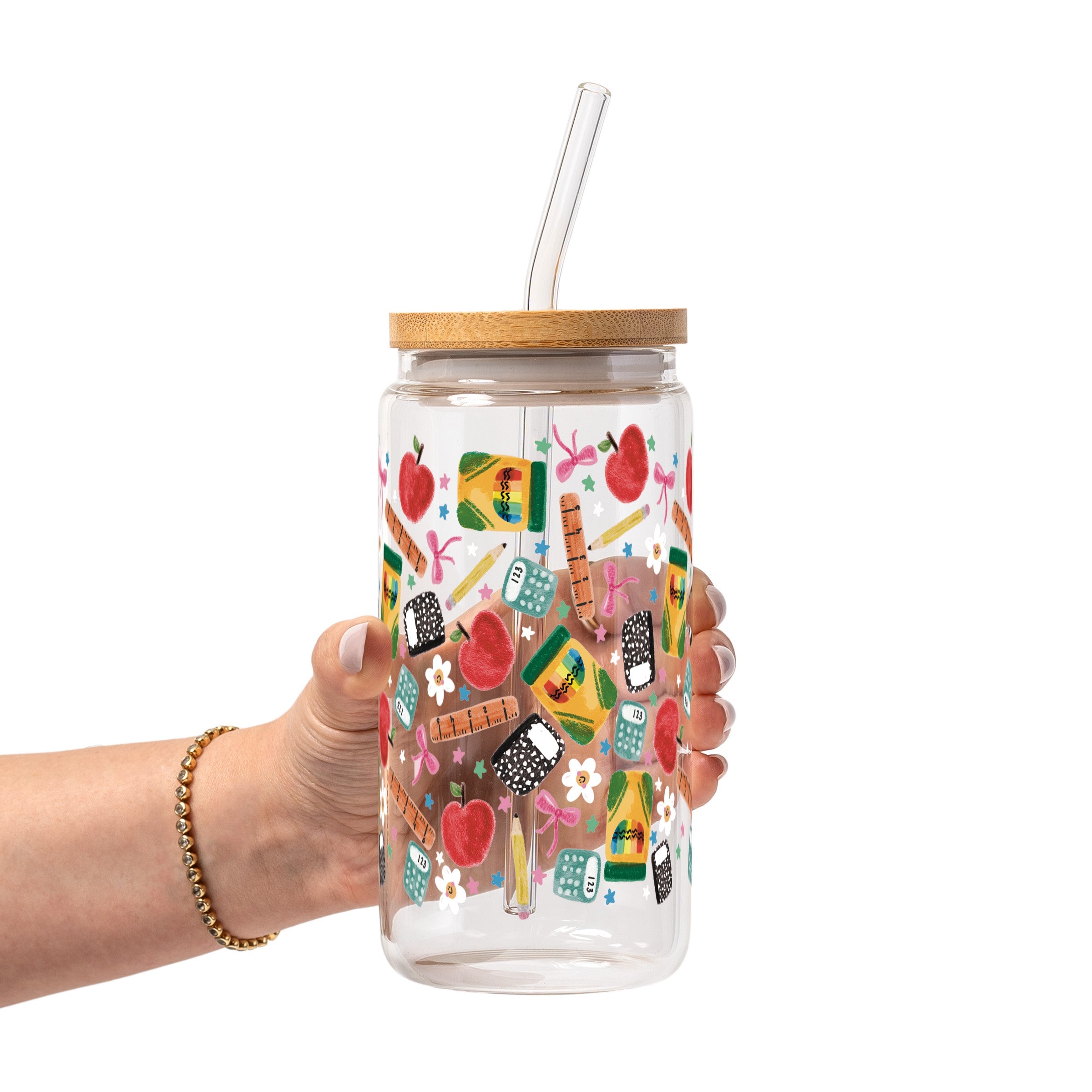 Teacher Essentials Pattern Glass Cup, Mug & Tumbler with Lid and Straw