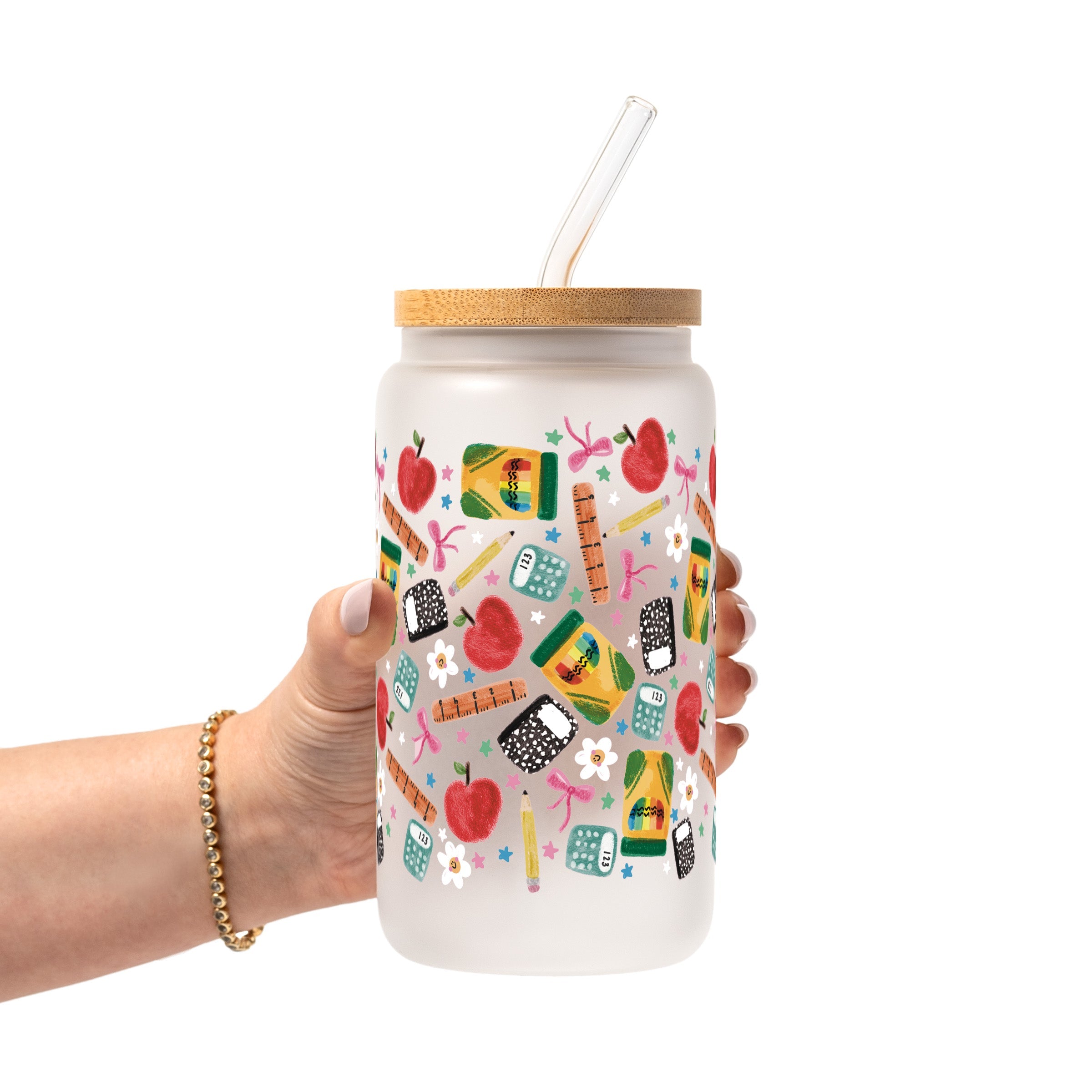 Teacher Essentials Pattern Glass Cup, Mug & Tumbler with Lid and Straw