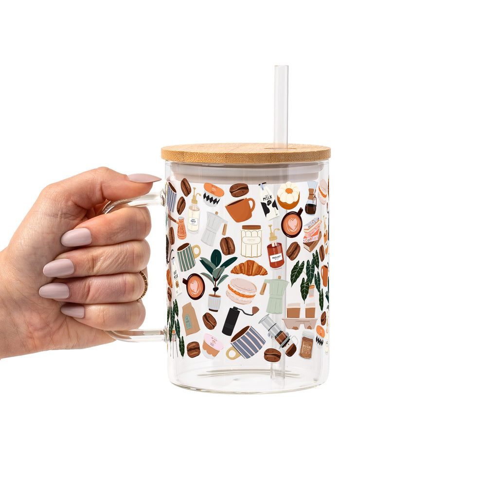 Cafe Cutie Glass Cup, Mug & Tumbler with Lid and Straw