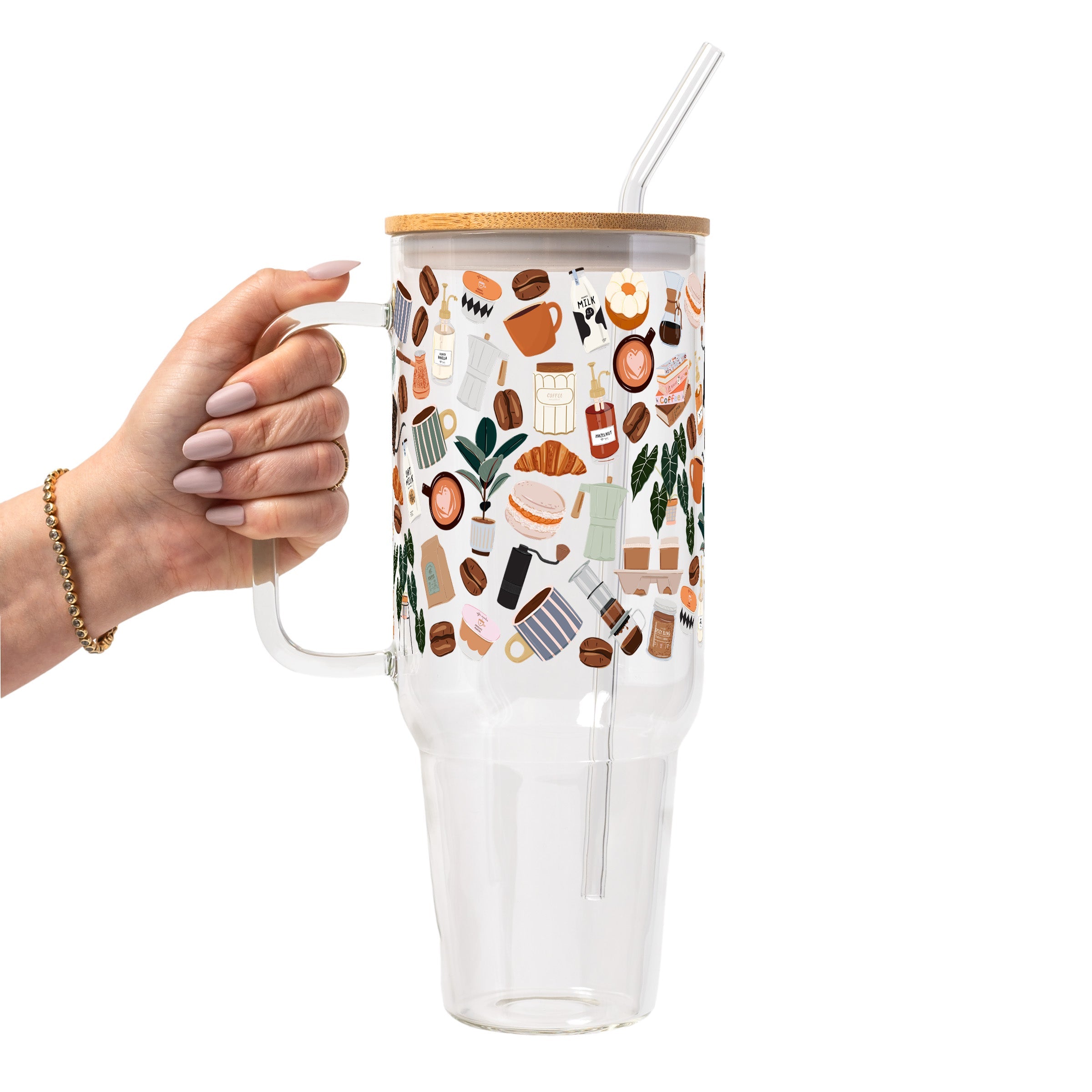 Cafe Cutie Glass Cup, Mug & Tumbler with Lid and Straw
