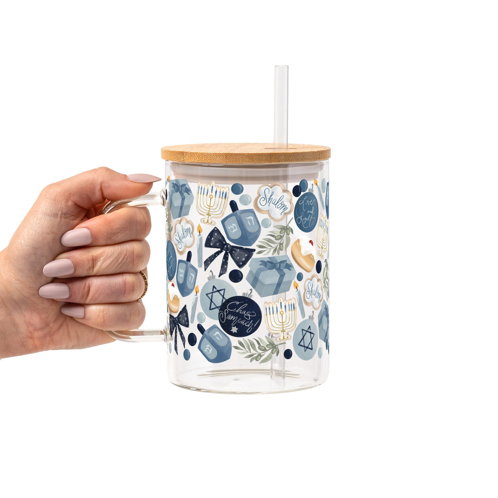 Cozy Hanukkah Glass Cup, Mug & Tumbler with Lid and Straw