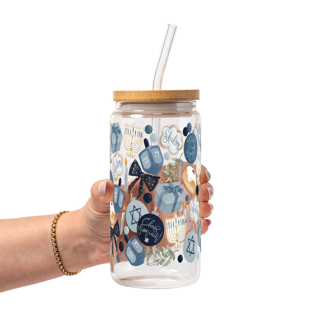 Cozy Hanukkah Glass Cup, Mug & Tumbler with Lid and Straw