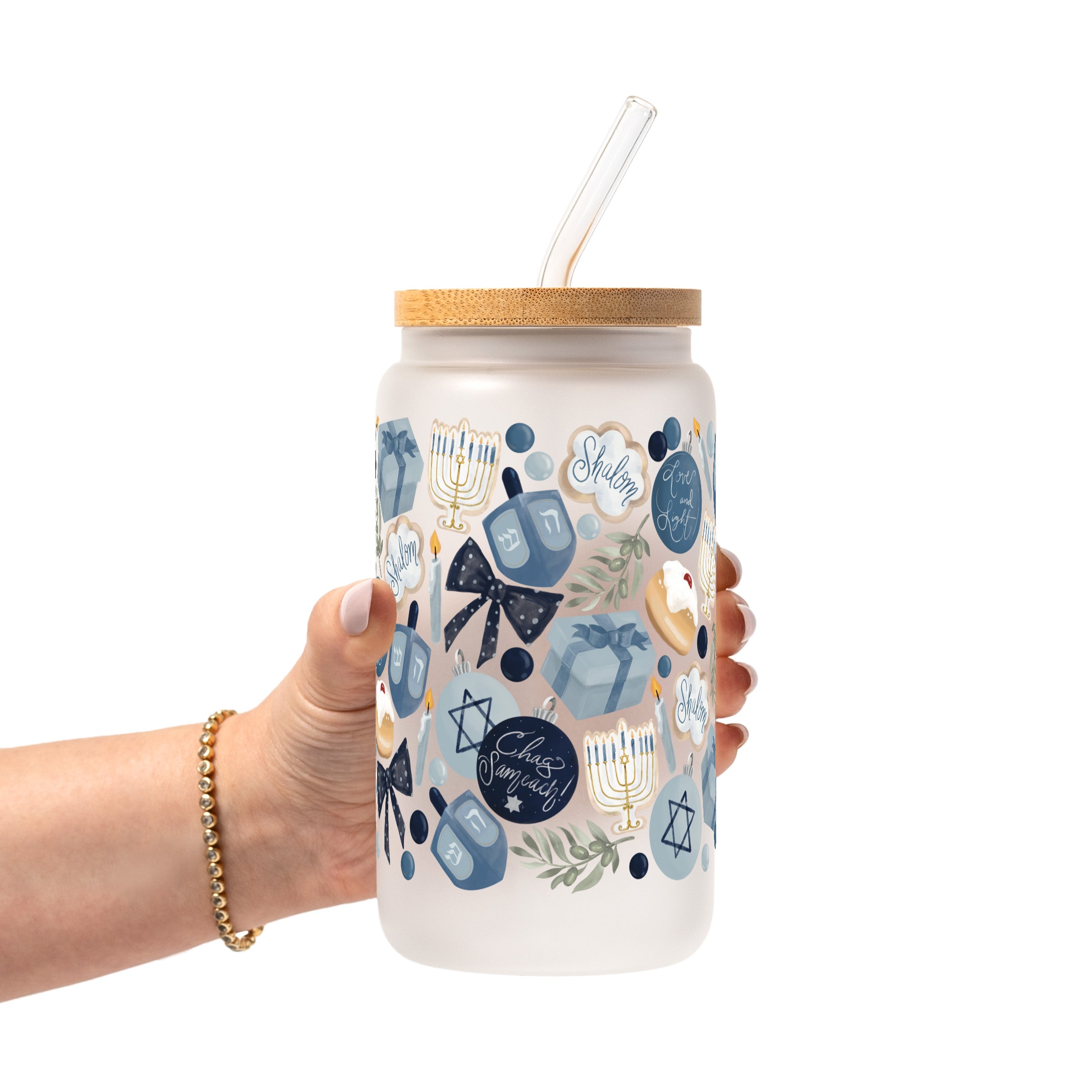 Cozy Hanukkah Glass Cup, Mug & Tumbler with Lid and Straw