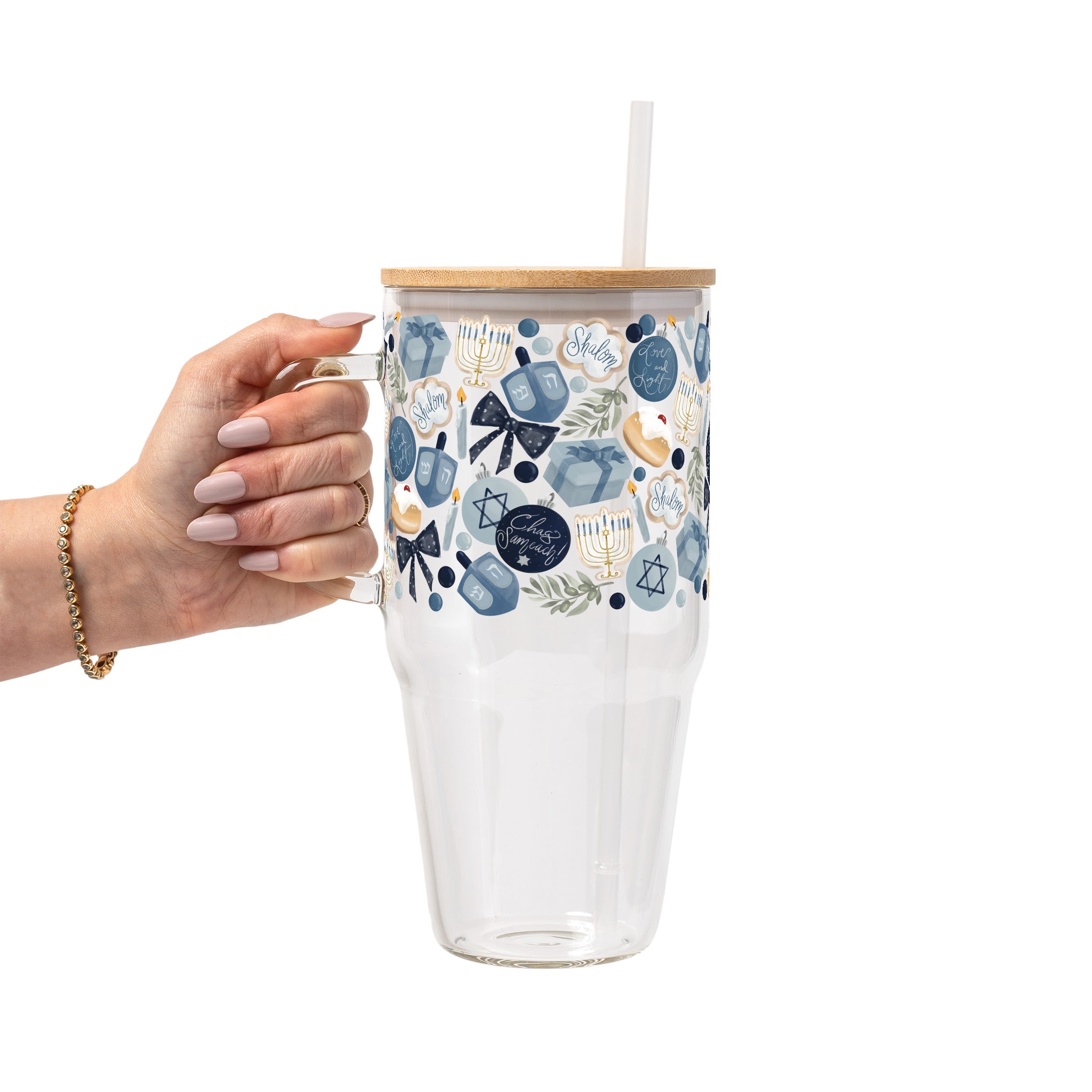 Cozy Hanukkah Glass Cup, Mug & Tumbler with Lid and Straw