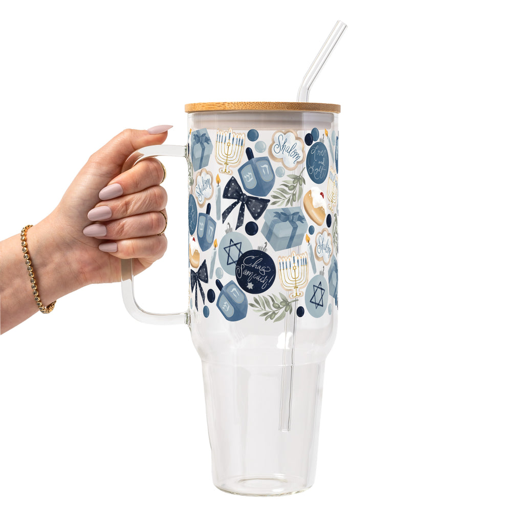 Cozy Hanukkah Glass Cup, Mug & Tumbler with Lid and Straw