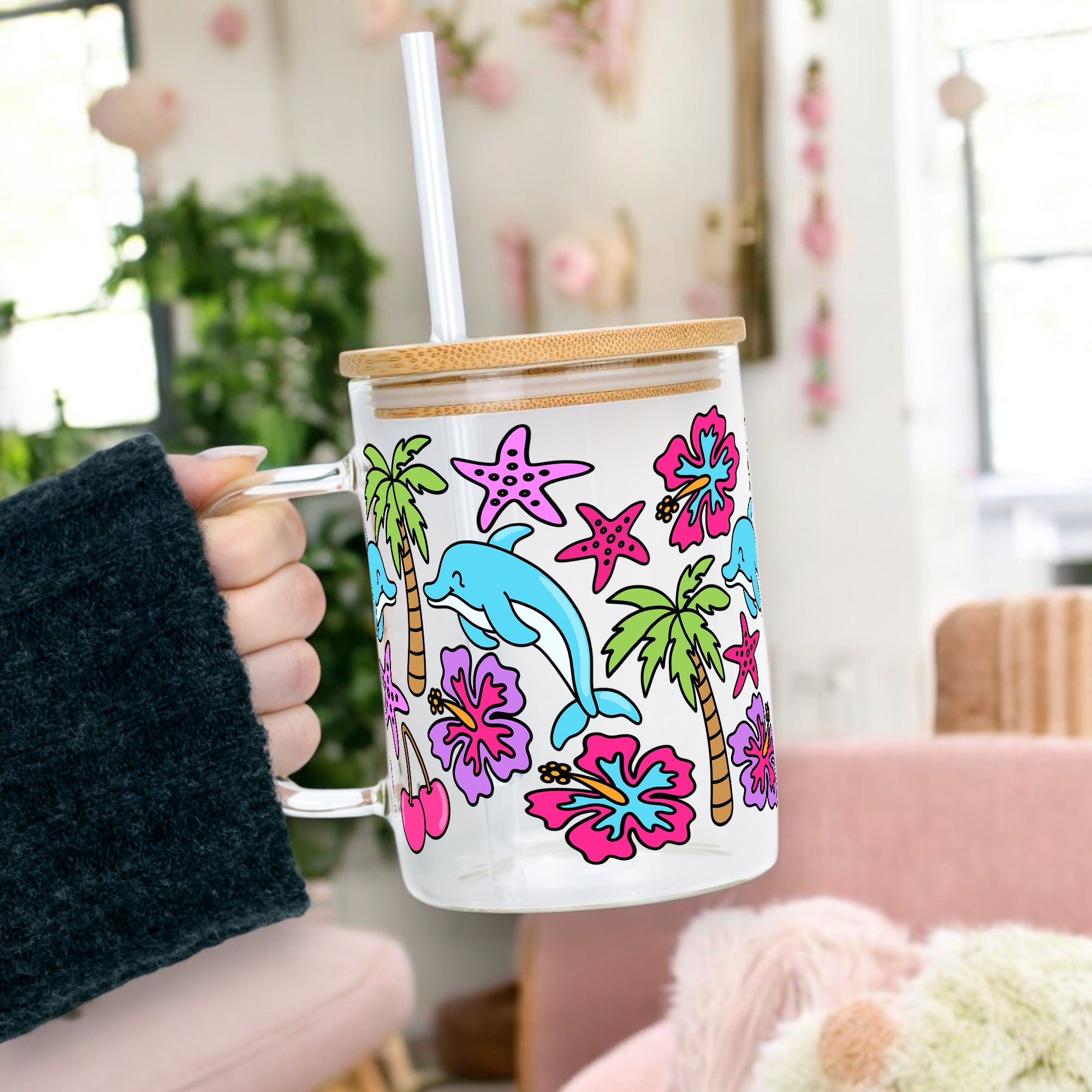Dolphin Dreams Glass Cup, Mug & Tumbler with Lid and Straw