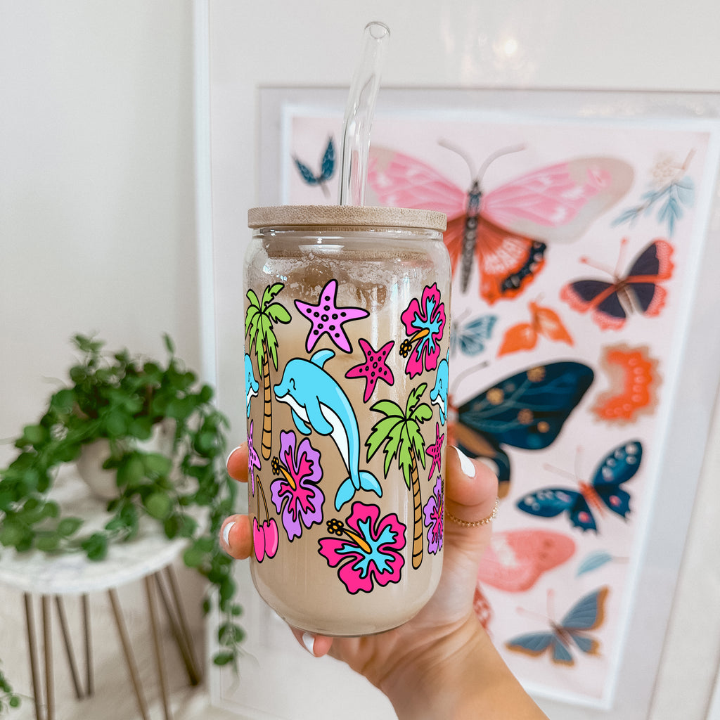 Dolphin Dreams Glass Cup, Mug & Tumbler with Lid and Straw