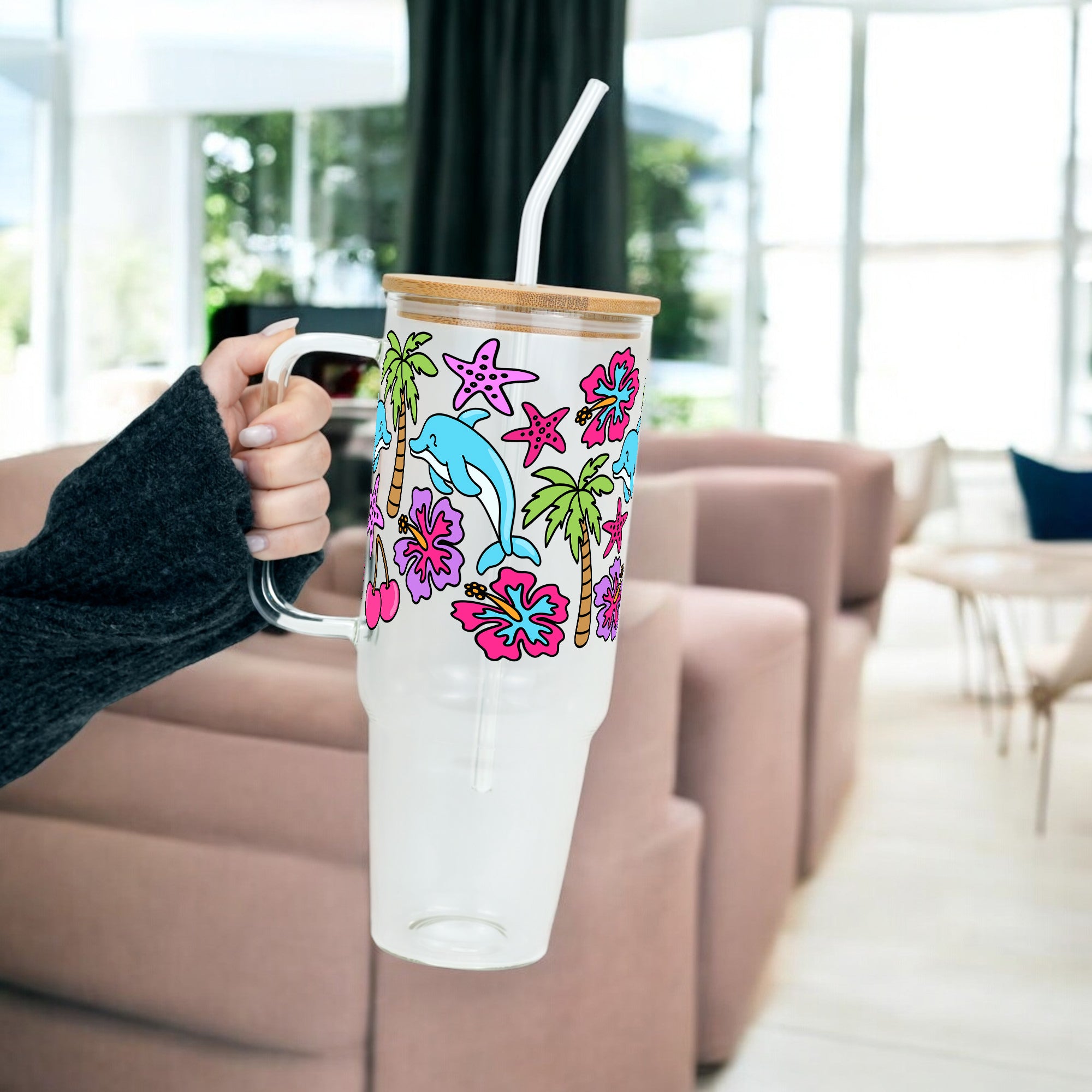 Dolphin Dreams Glass Cup, Mug & Tumbler with Lid and Straw