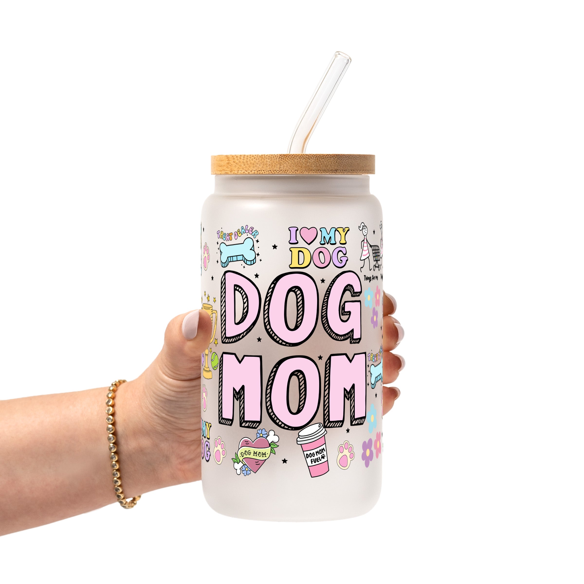 Dog Mom Doodles Glass Cup, Mug & Tumbler with Lid and Straw