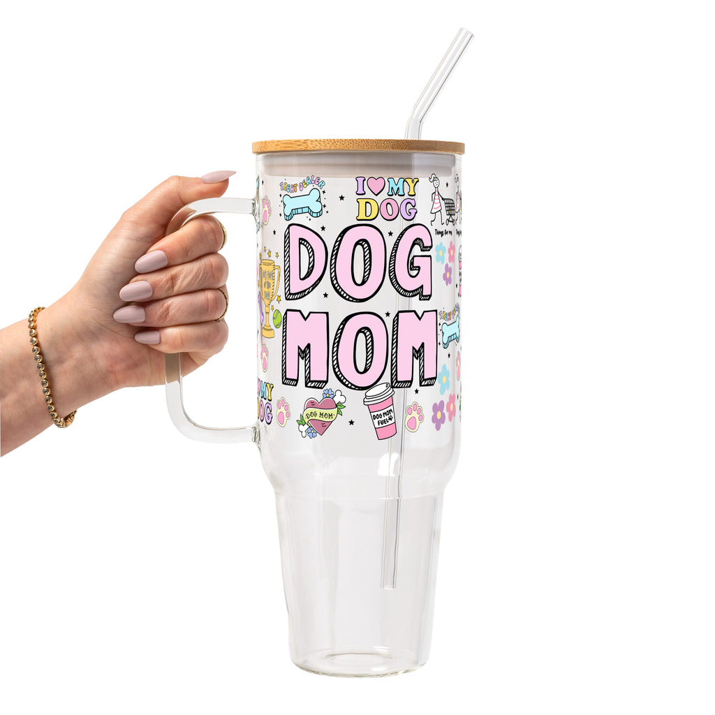 Dog Mom Doodles Glass Cup, Mug & Tumbler with Lid and Straw