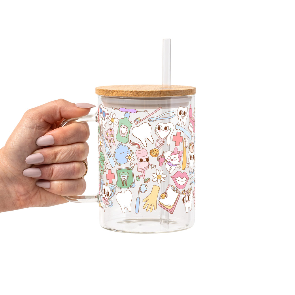Groovy Dental Glass Cup, Mug & Tumbler with Lid and Straw