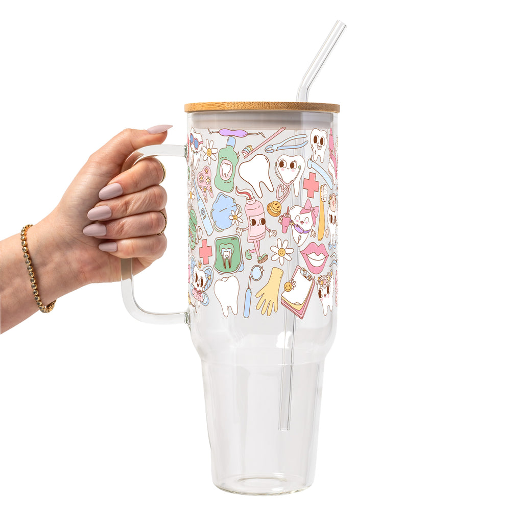 Groovy Dental Glass Cup, Mug & Tumbler with Lid and Straw