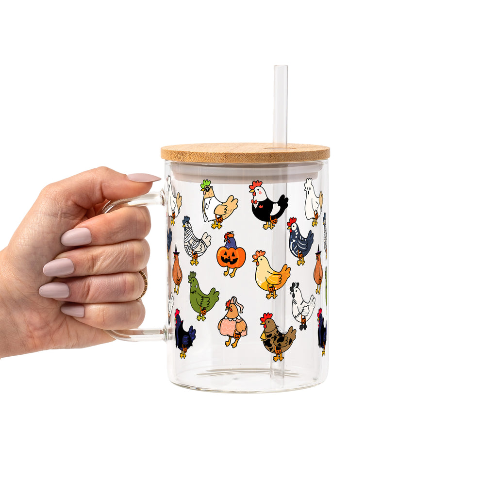 Spooky Chickens Glass Cup, Mug & Tumbler with Lid and Straw
