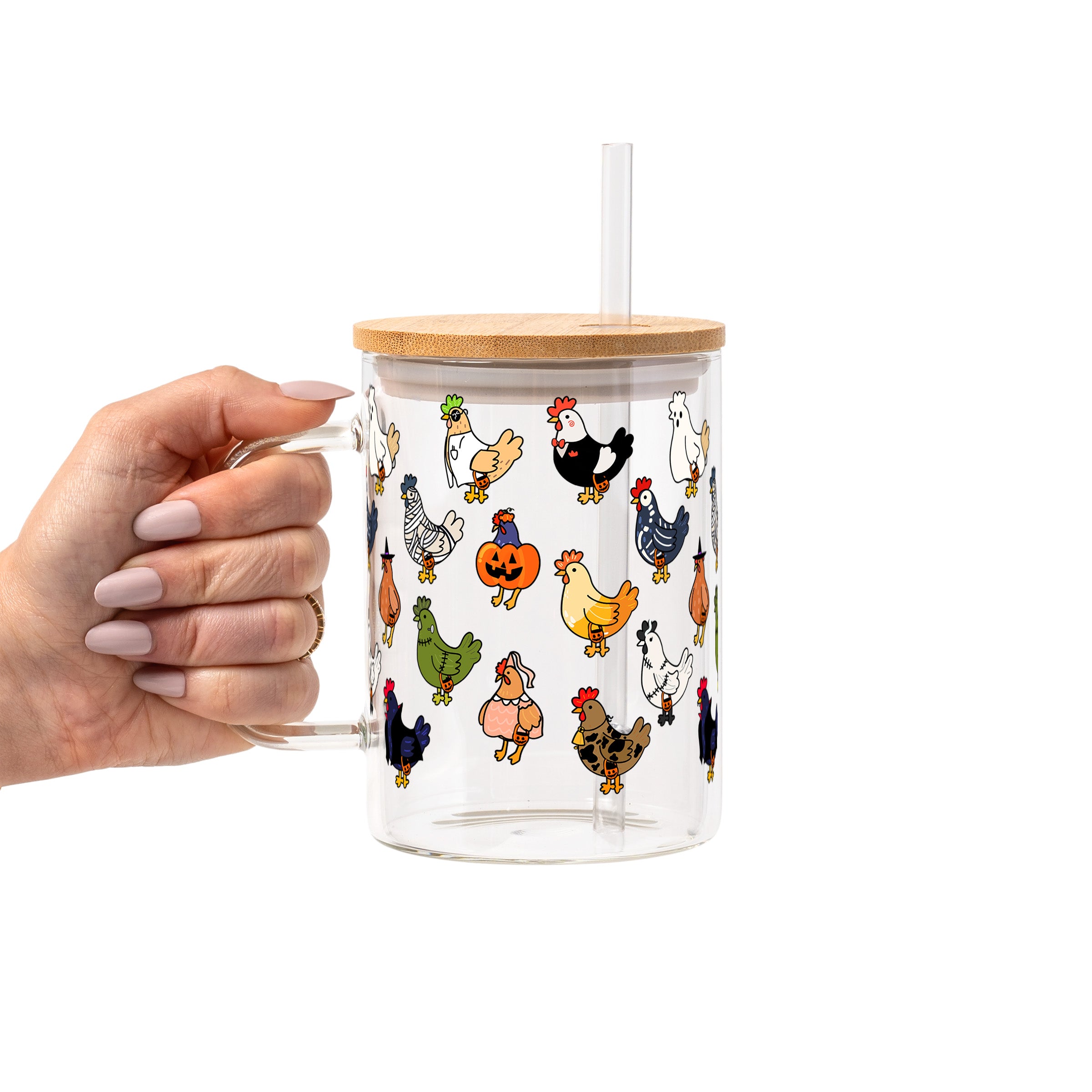Spooky Chickens Glass Cup, Mug & Tumbler with Lid and Straw
