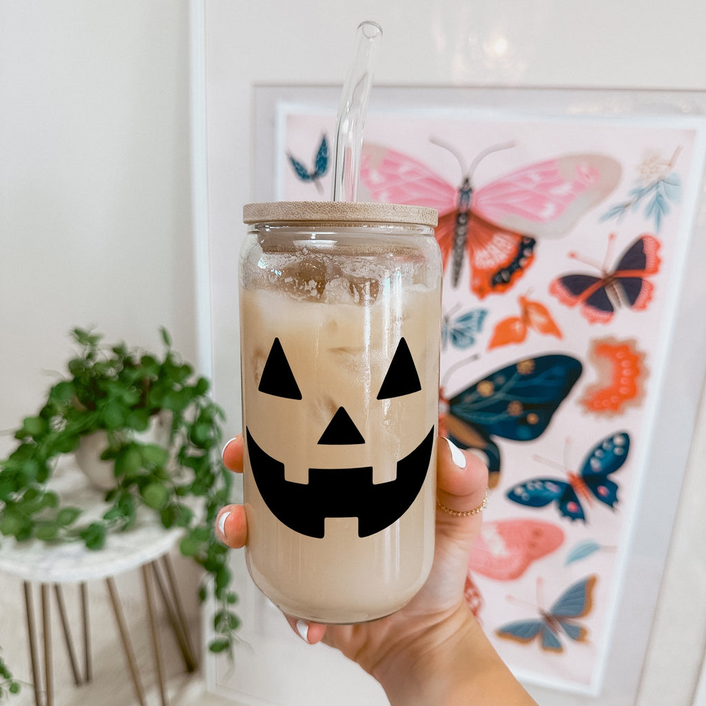 Jack-O-Lantern Glass Cup, Mug & Tumbler with Lid and Straw