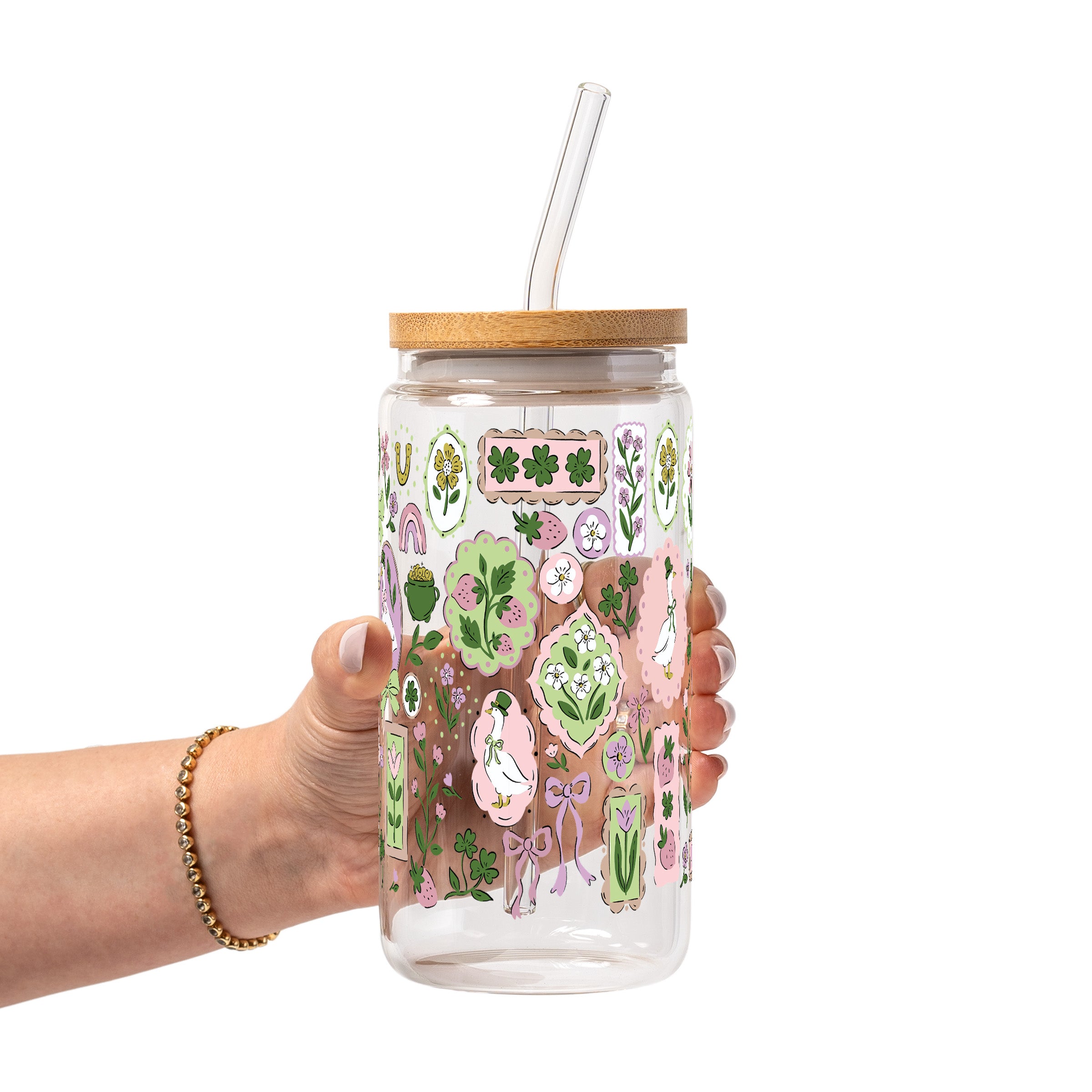 Lucky Geese Glass Cup, Mug & Tumbler with Lid and Straw