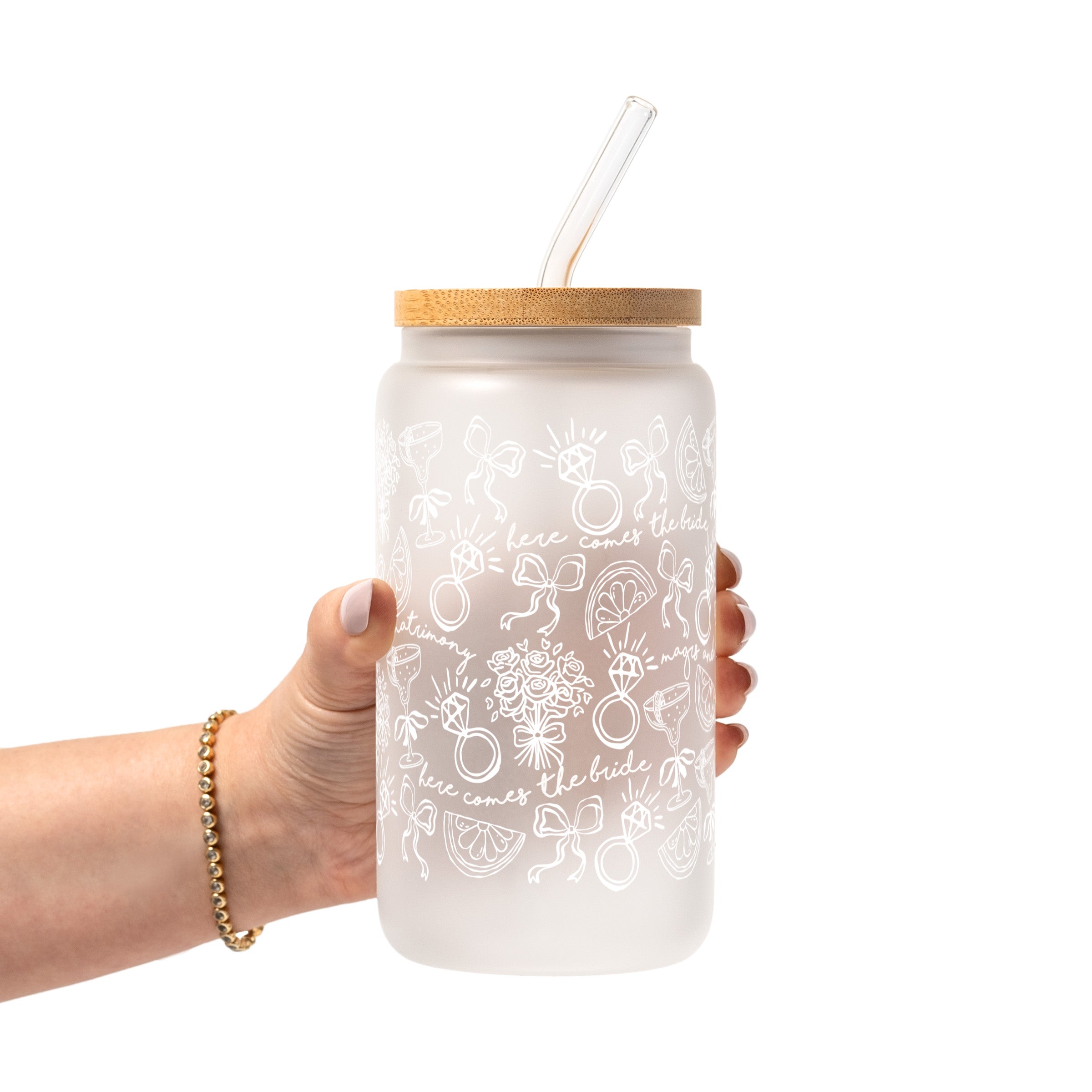 Margs and Matrimony Bride Glass Cup, Mug & Tumbler with Lid and Straw