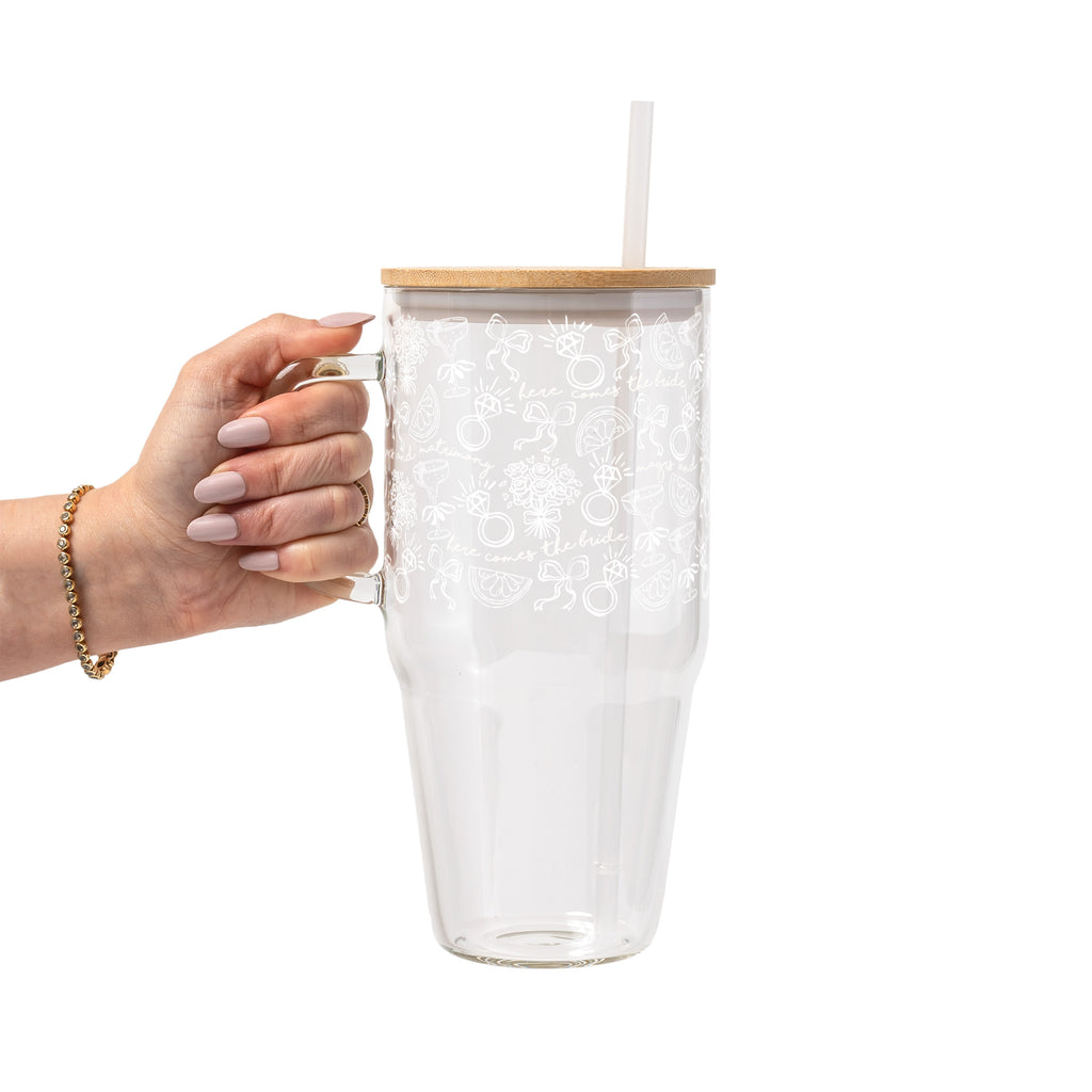 Margs and Matrimony Bride Glass Cup, Mug & Tumbler with Lid and Straw