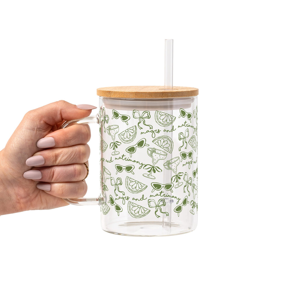 Margs and Matrimony Bridesmaids Glass Cup, Mug & Tumbler with Lid and Straw