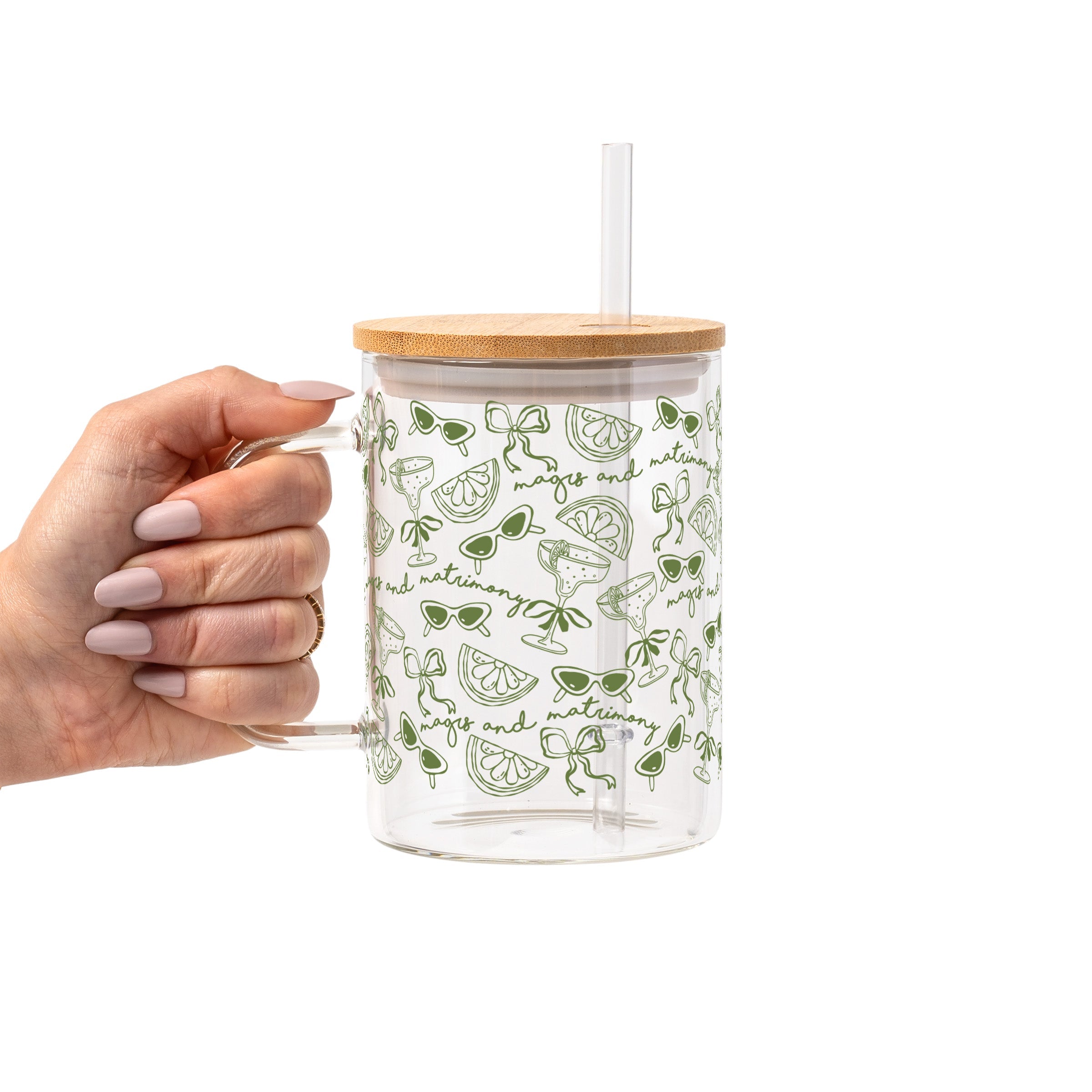 Margs and Matrimony Bridesmaids Glass Cup, Mug & Tumbler with Lid and Straw