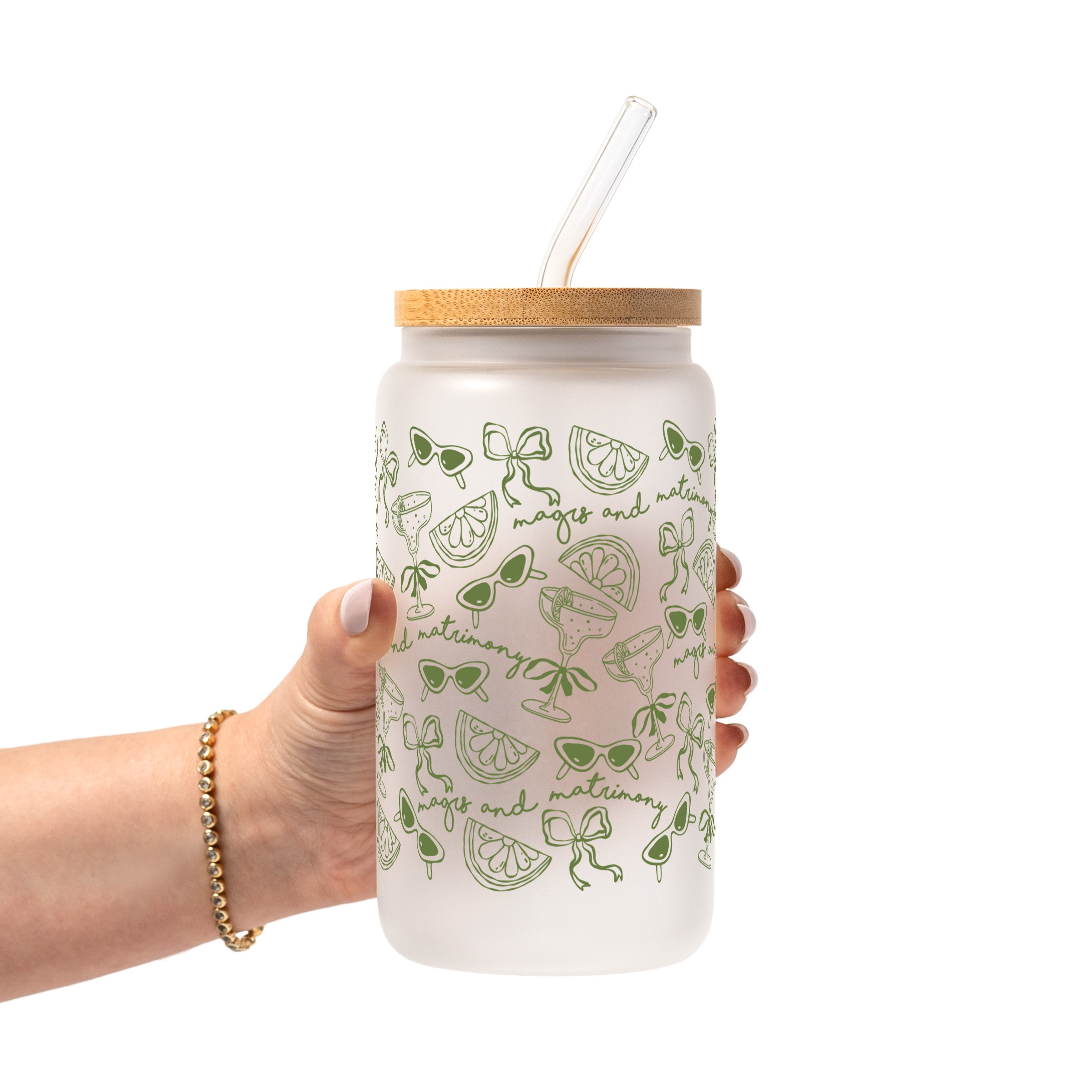 Margs and Matrimony Bridesmaids Glass Cup, Mug & Tumbler with Lid and Straw