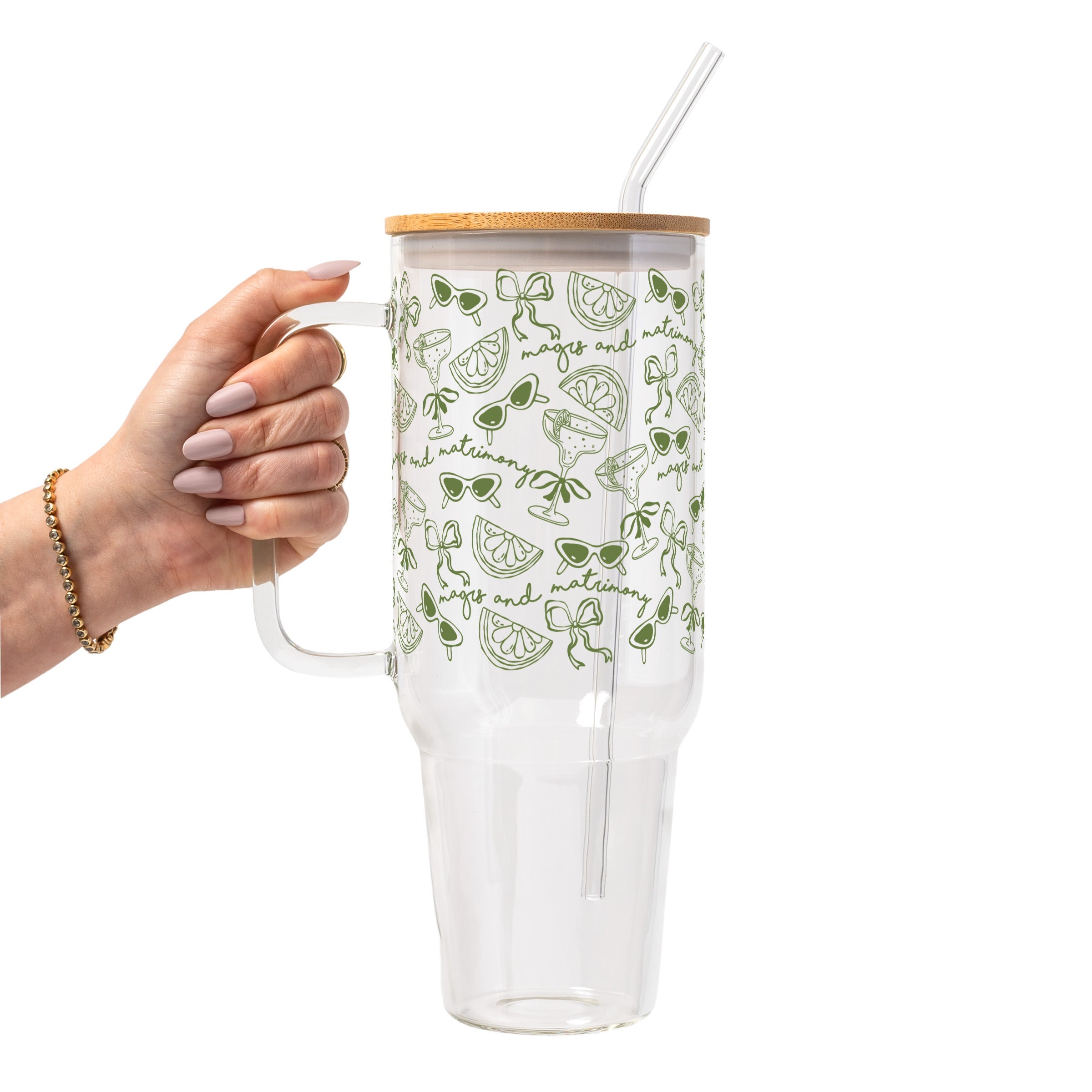 Margs and Matrimony Bridesmaids Glass Cup, Mug & Tumbler with Lid and Straw