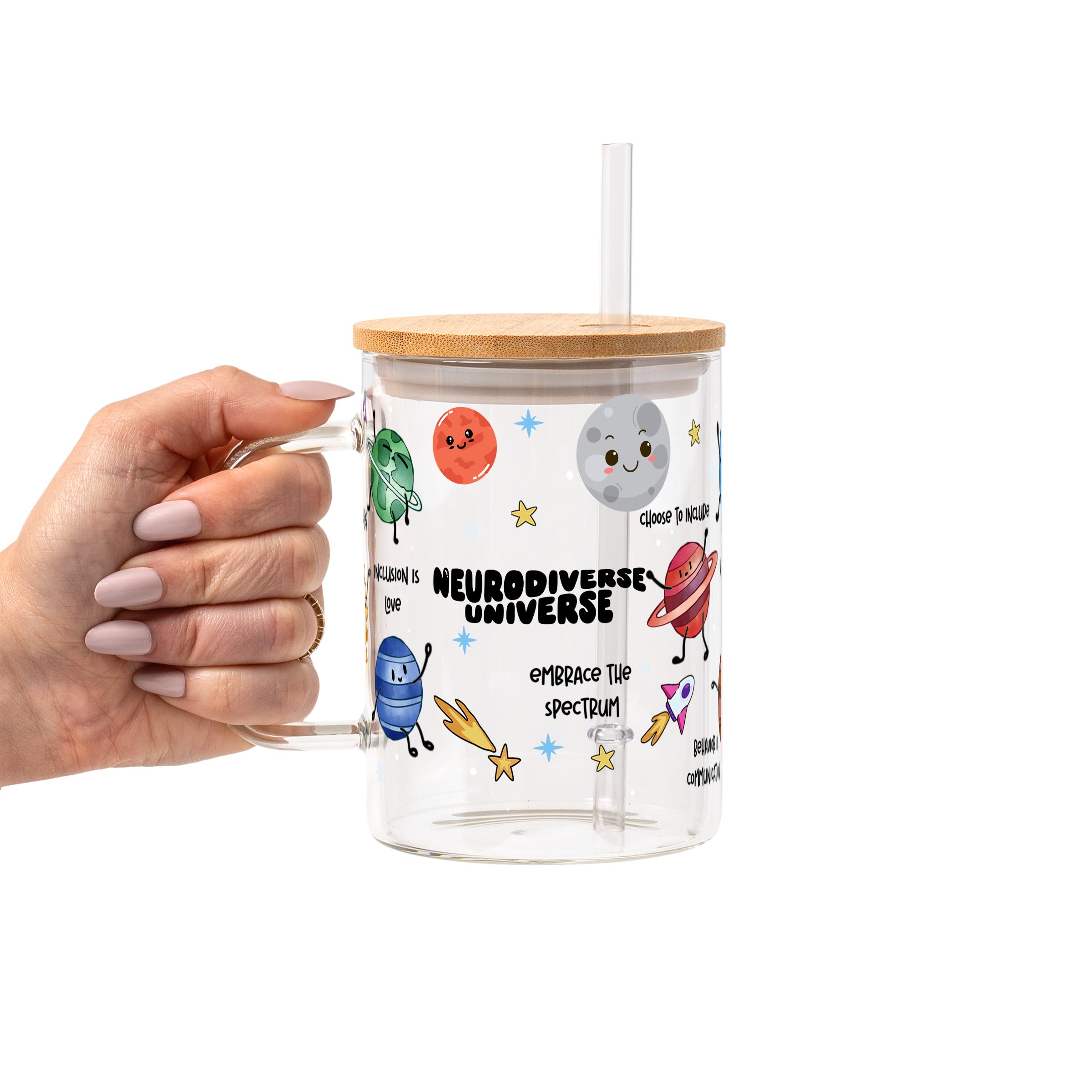 Neurodiverse Universe Glass Cup, Mug & Tumbler with Lid and Straw