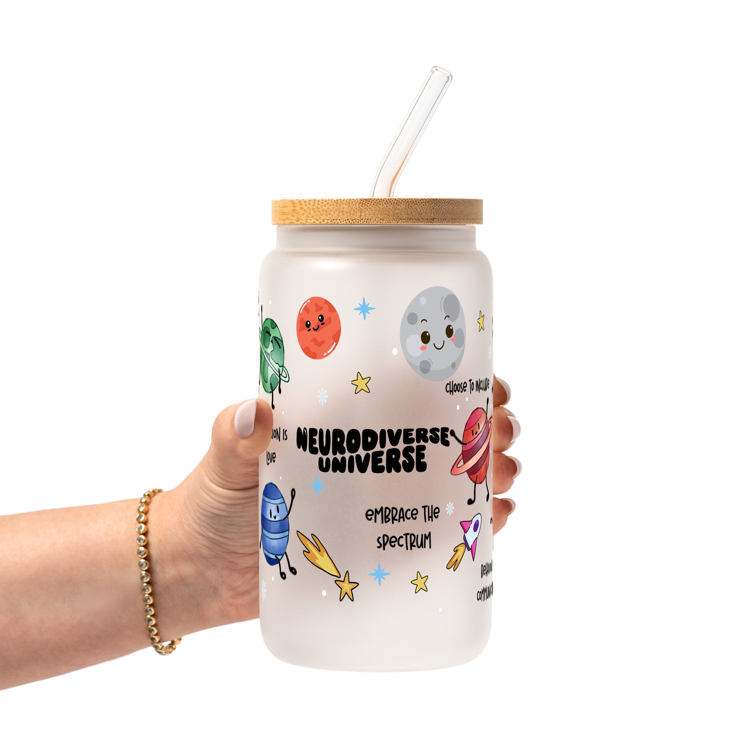 Neurodiverse Universe Glass Cup, Mug & Tumbler with Lid and Straw