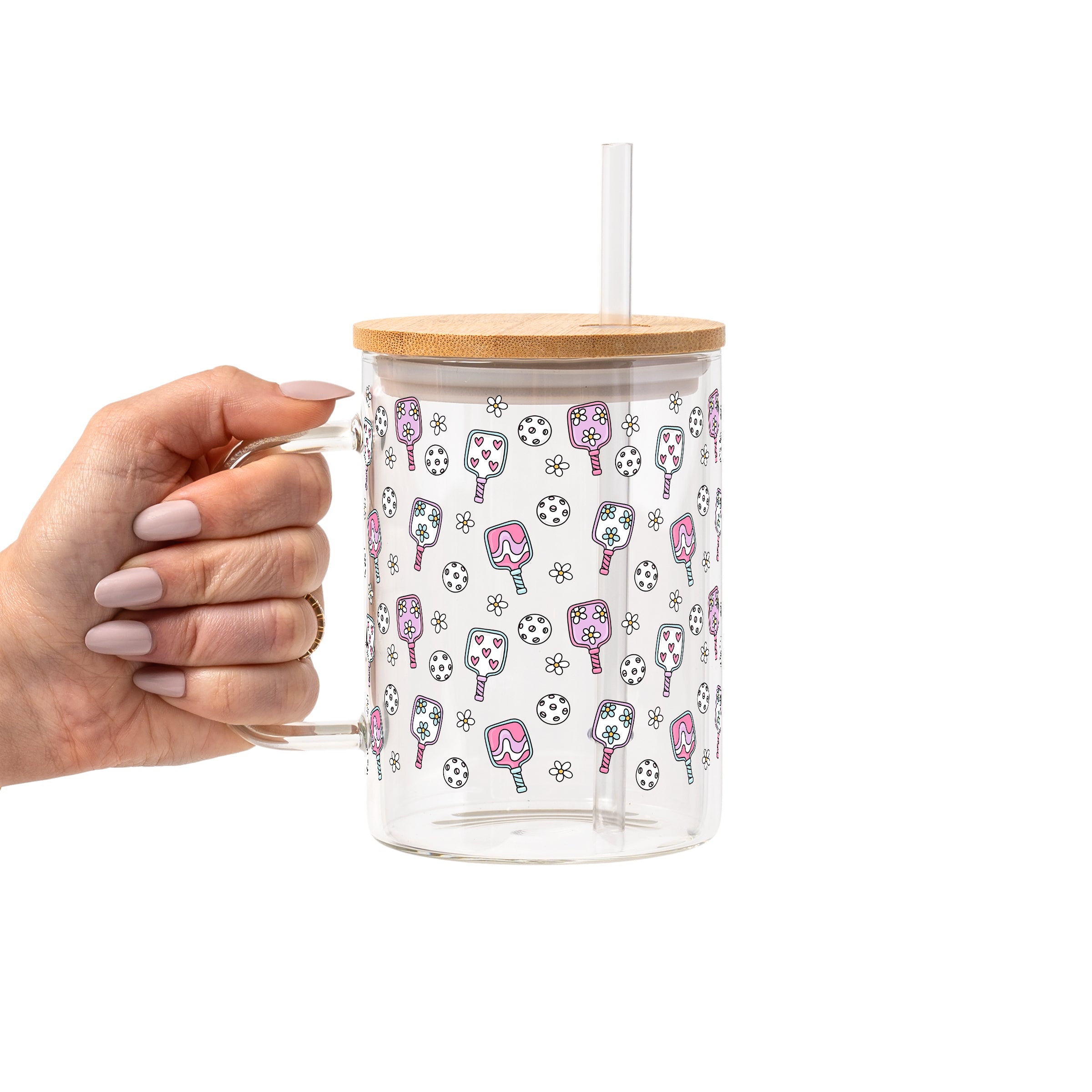 Floral Pickleball Glass Cup, Mug & Tumbler with Lid and Straw