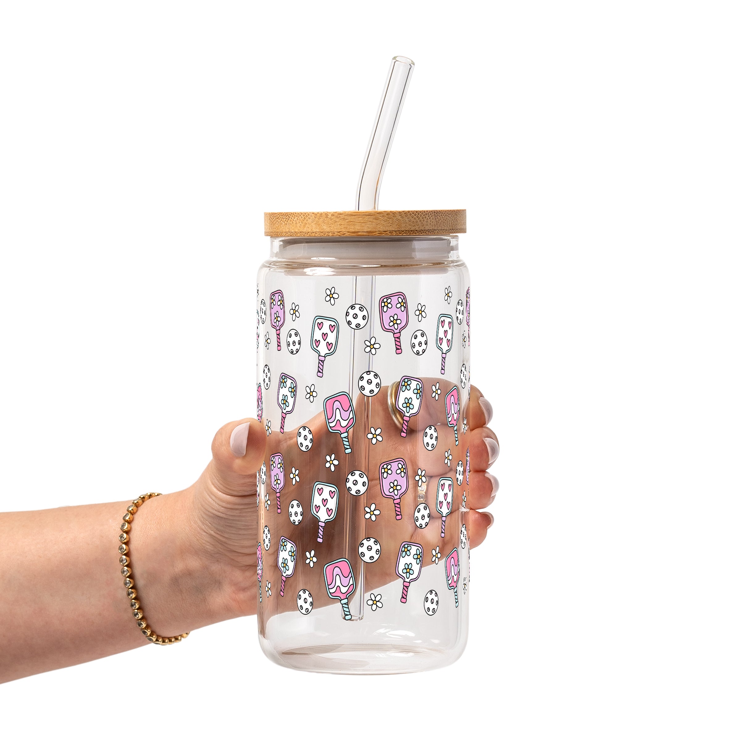 Floral Pickleball Glass Cup, Mug & Tumbler with Lid and Straw
