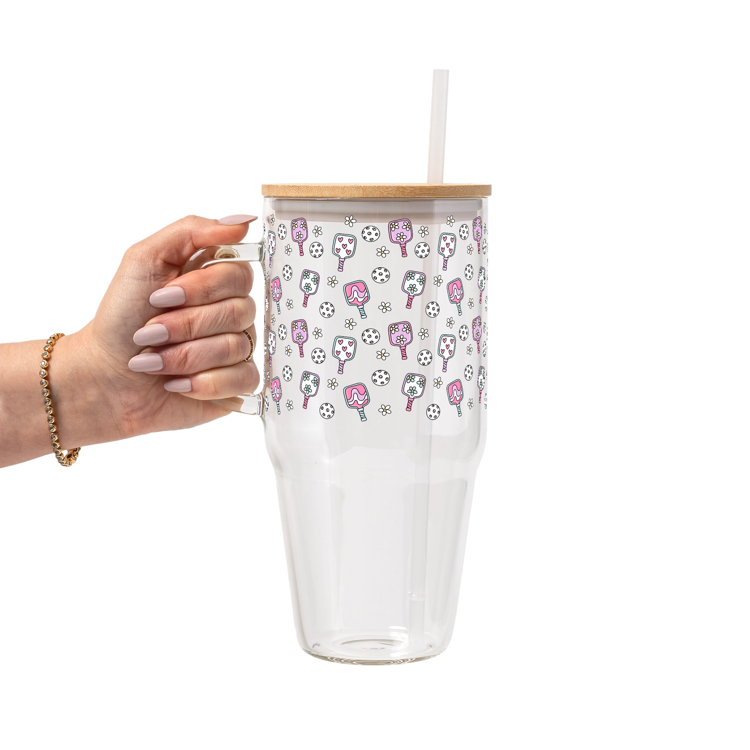 Floral Pickleball Glass Cup, Mug & Tumbler with Lid and Straw