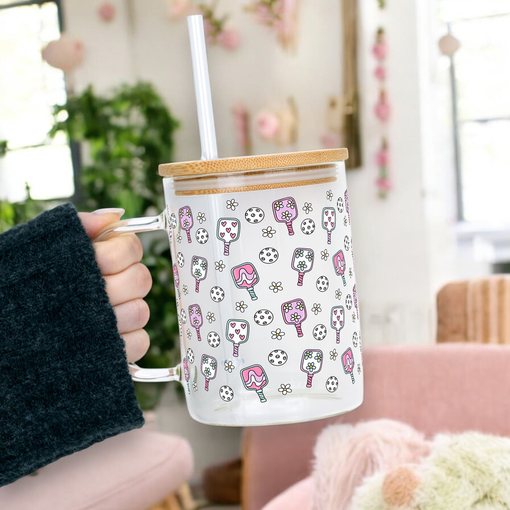Floral Pickleball Glass Cup, Mug & Tumbler with Lid and Straw