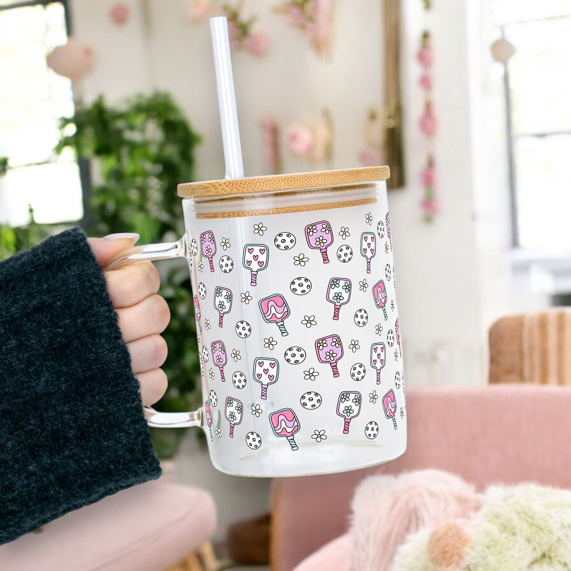 Floral Pickleball Glass Cup, Mug & Tumbler with Lid and Straw