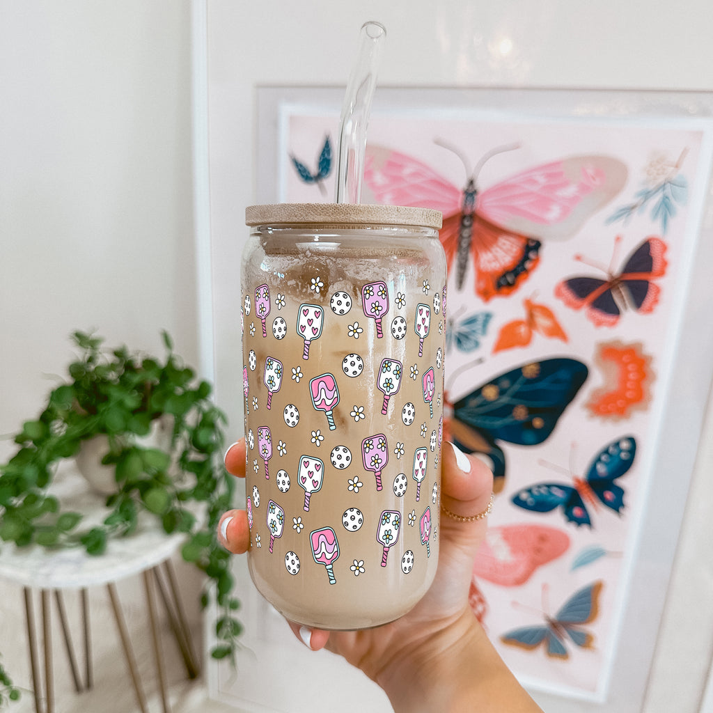 Floral Pickleball Glass Cup, Mug & Tumbler with Lid and Straw