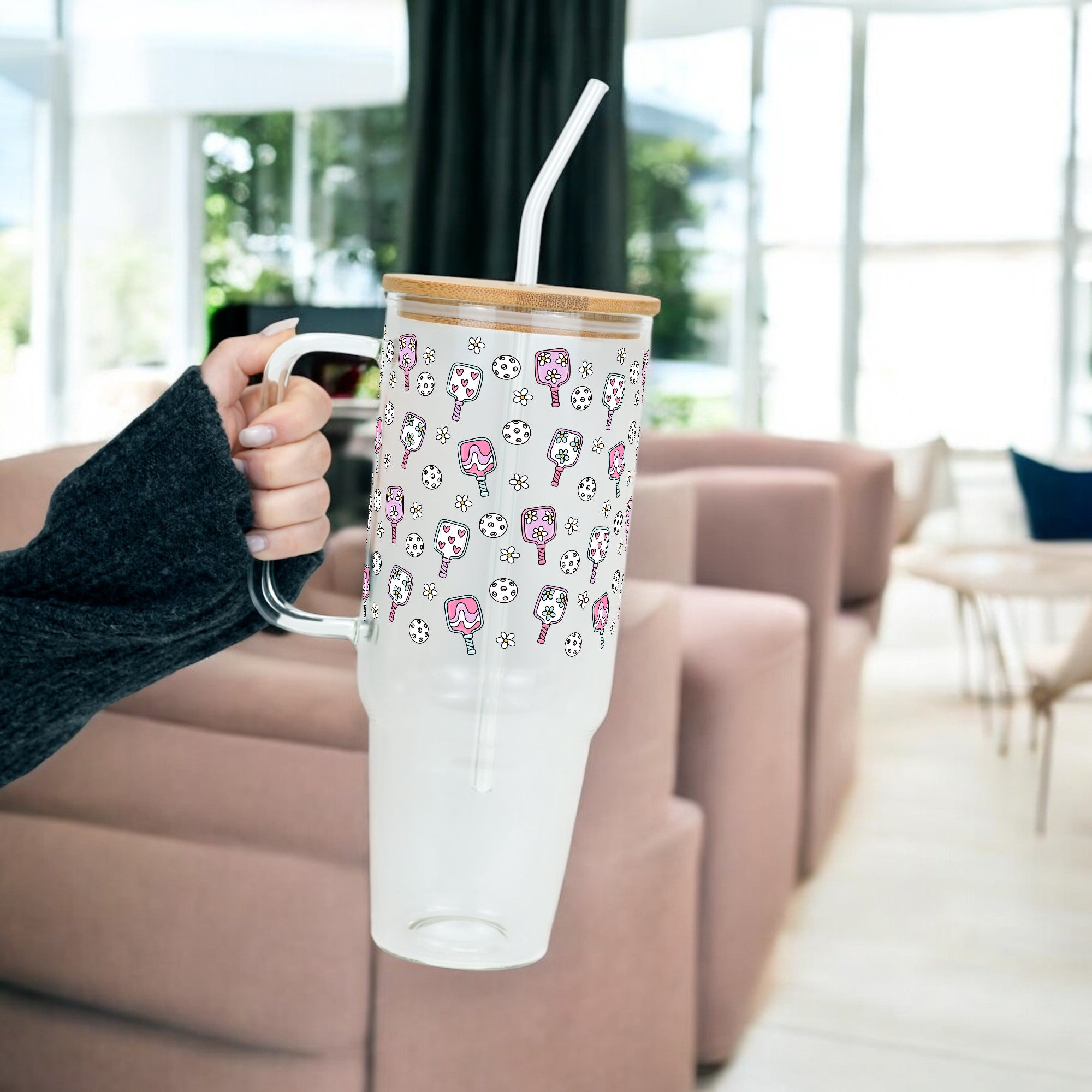 Floral Pickleball Glass Cup, Mug & Tumbler with Lid and Straw